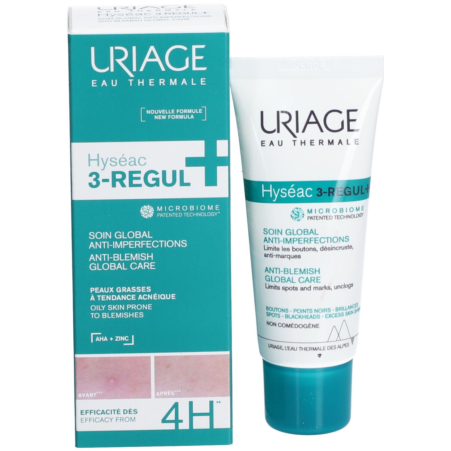 Emballage du produit avec tube et boîte. Logo Uriage, nom du produit Hyséac 3-REGUL+ et description visibles.