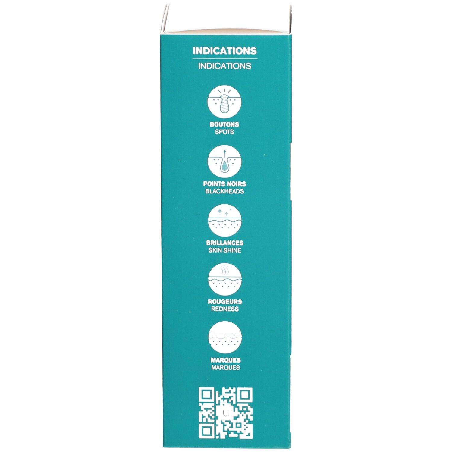 Boîte turquoise avec symboles blancs. Montre des pictogrammes pour problèmes de peau tels que boutons, points noirs et rougeurs.