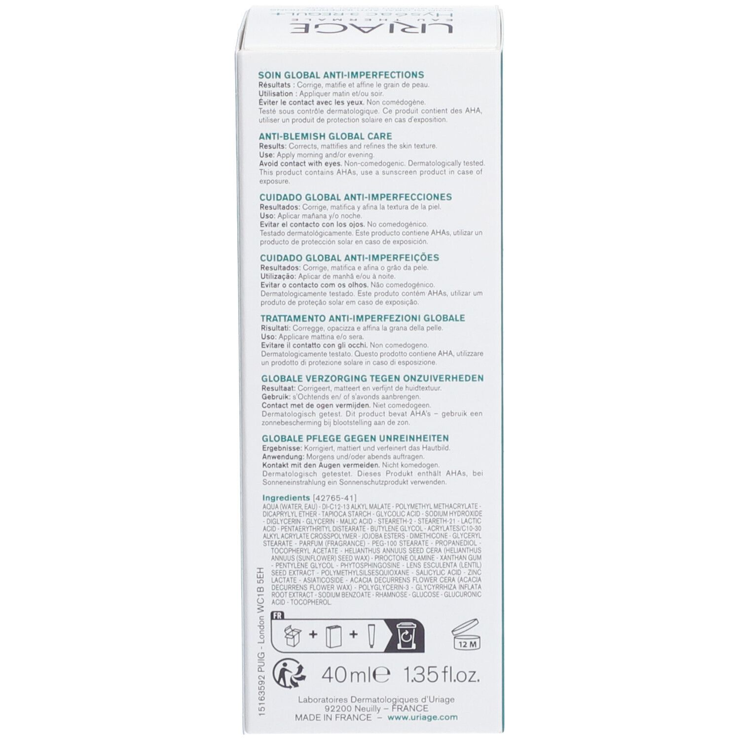 Dos de l'emballage du produit. Texte multilingue avec informations produit et ingrédients. 40ml.