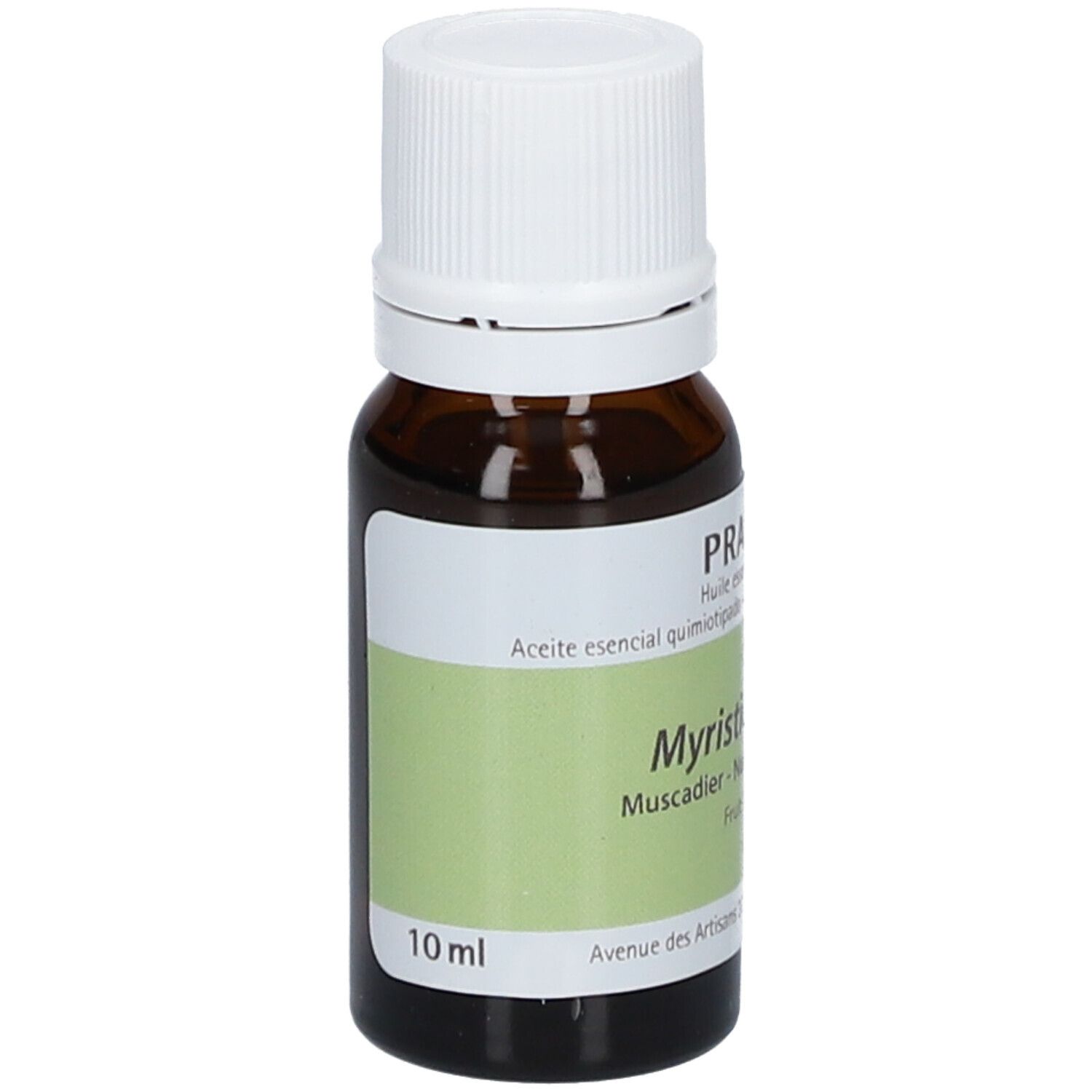 Flacon en verre brun avec bouchon blanc. Étiquette avec nom du produit et 10 ml. Huile essentielle de muscade Pranarôm.