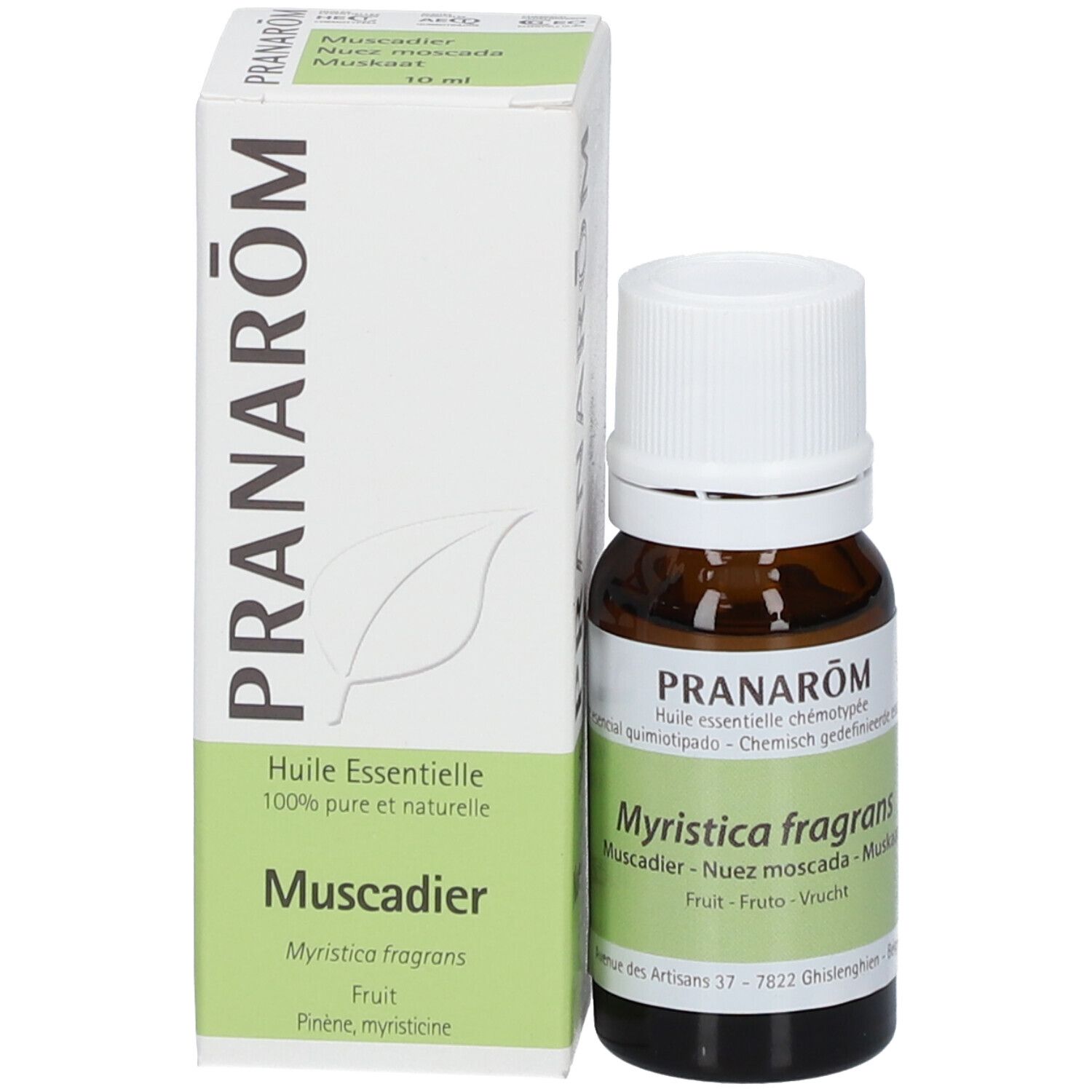 Flacon en verre brun et boîte. Boîte avec nom du produit et logo. Huile essentielle de muscade Pranarôm.