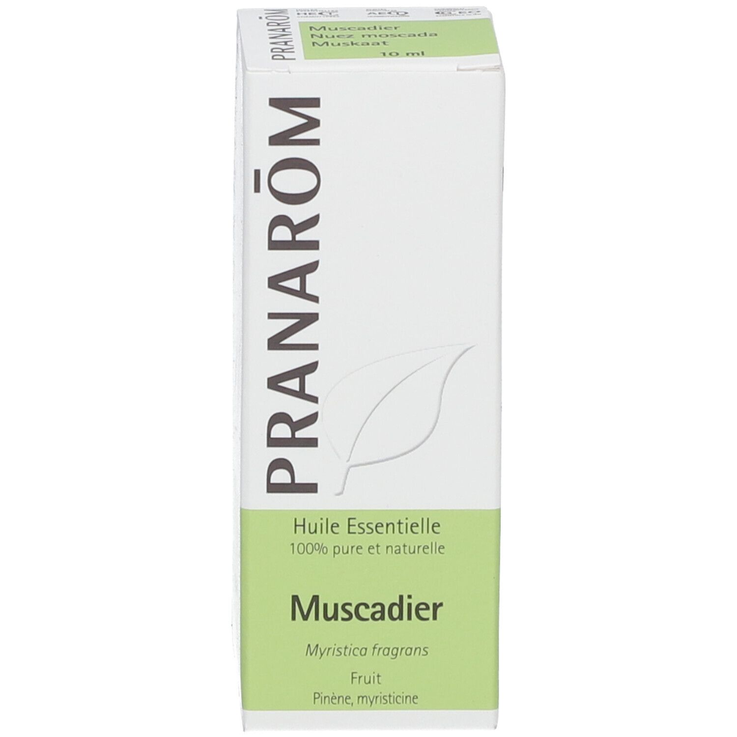 Boîte blanche avec nom du produit et logo. Huile essentielle de muscade Pranarôm. 10 ml.