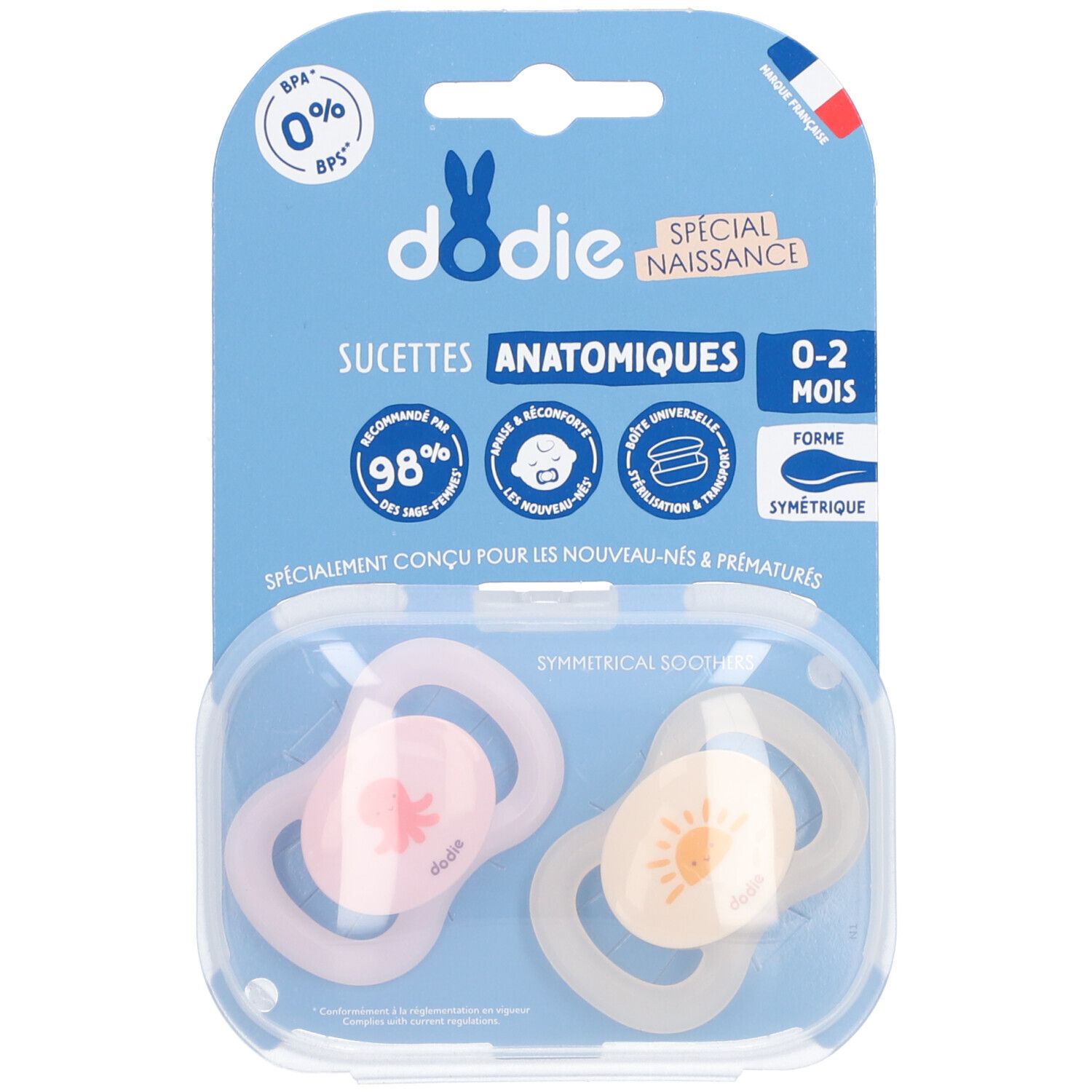 Twee Dodie anatomische fopspenen 0-2 maanden, roze en beige, in verpakking. Symmetrische vorm.