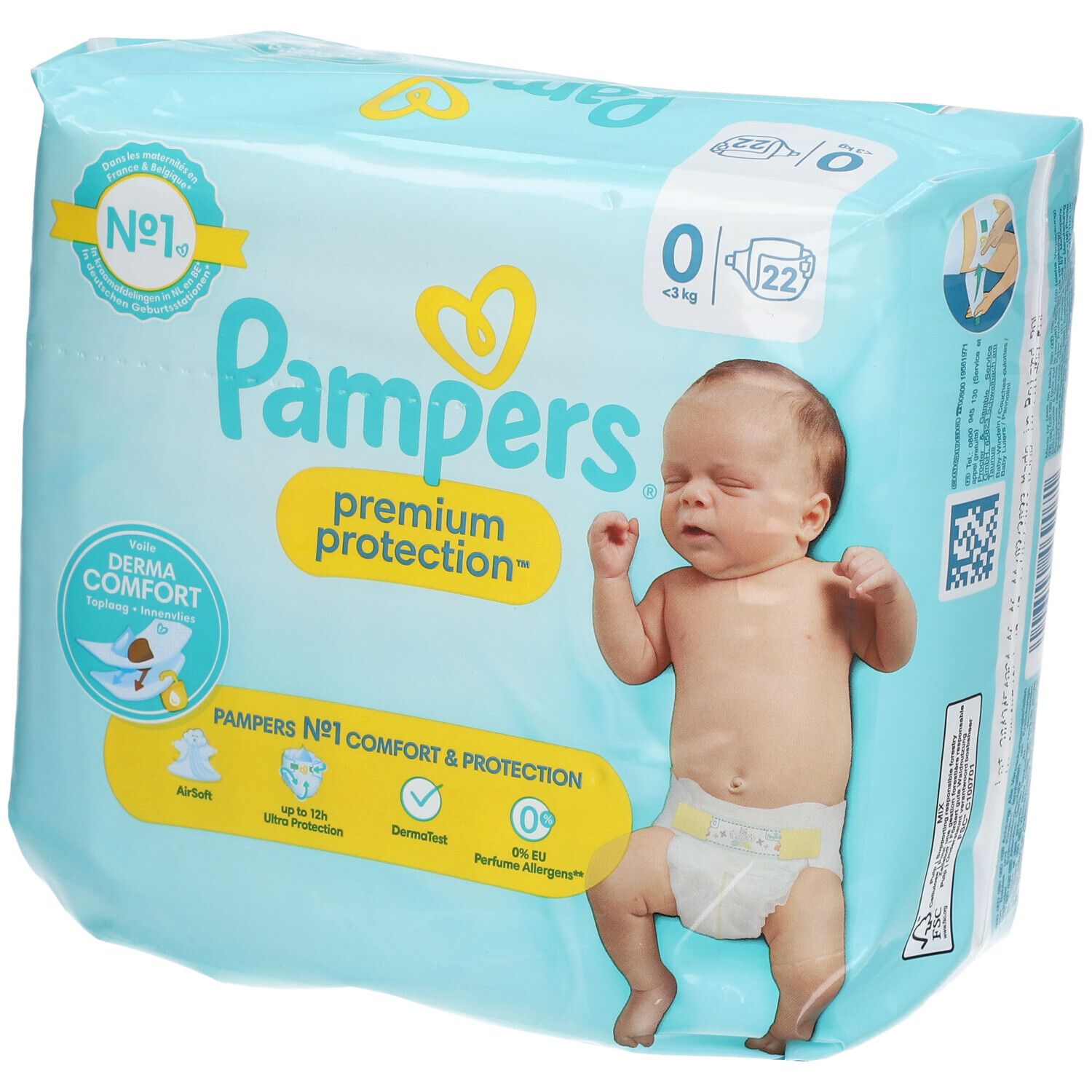 Paquet de couches Pampers® Premium Protection. Taille 0, jusqu'à 3 kg, 22 unités. Avec Derma Comfort.