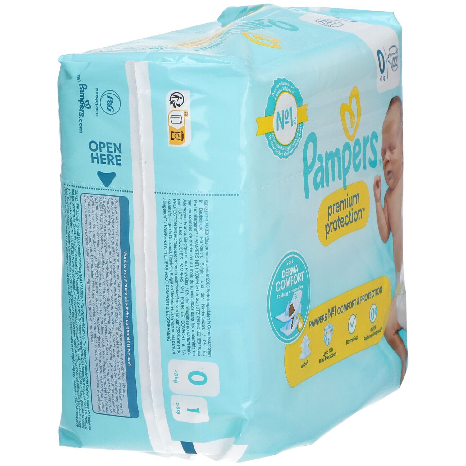 Paquet de couches Pampers® Premium Protection, vue latérale. Taille 0, jusqu'à 3 kg. Avec image de bébé.