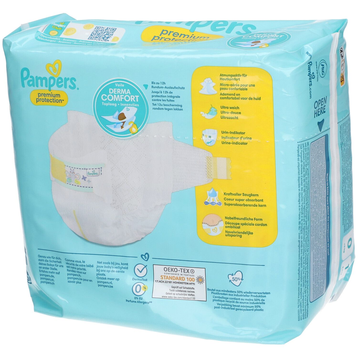 Paquet de couches Pampers® Premium Protection, dos. Avec illustration de couche et logo Derma Comfort.