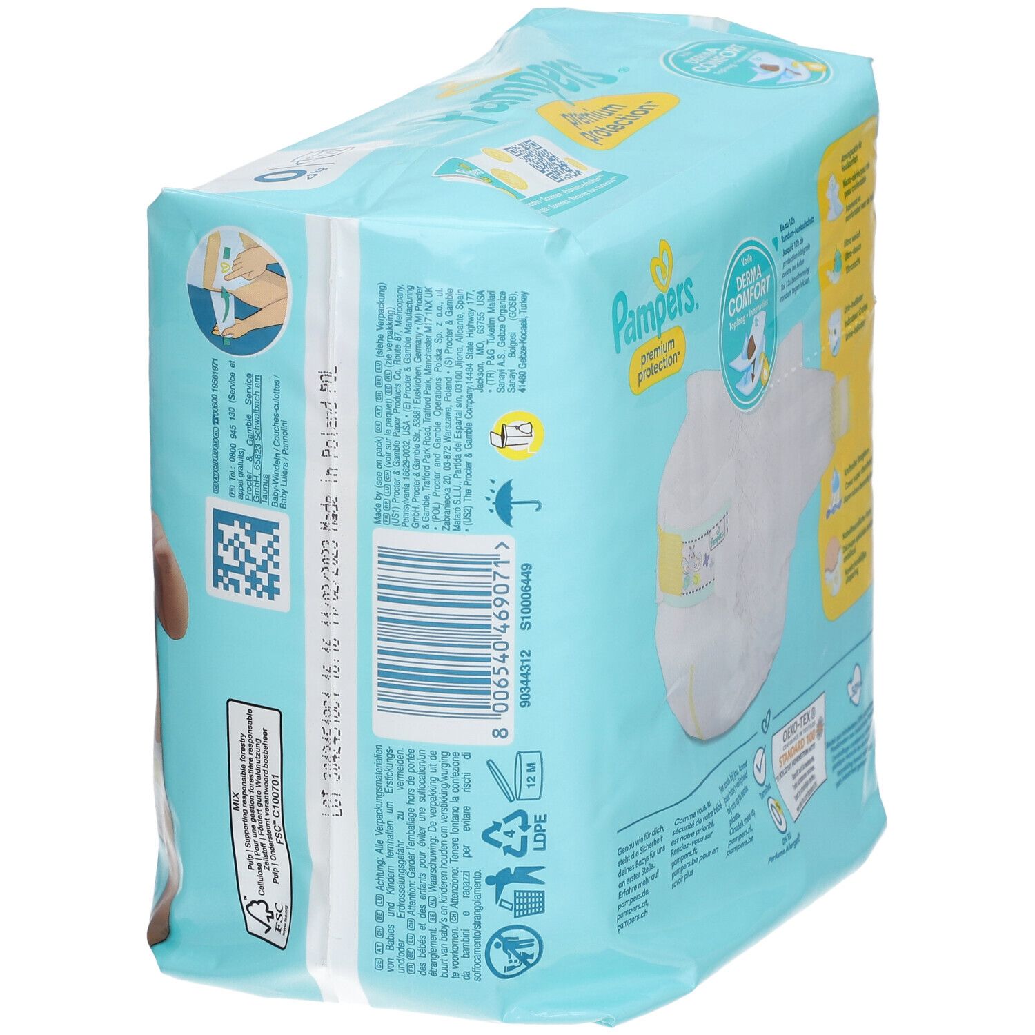 Paquet de couches Pampers® Premium Protection, vue latérale. Avec illustration de couche et code-barres.