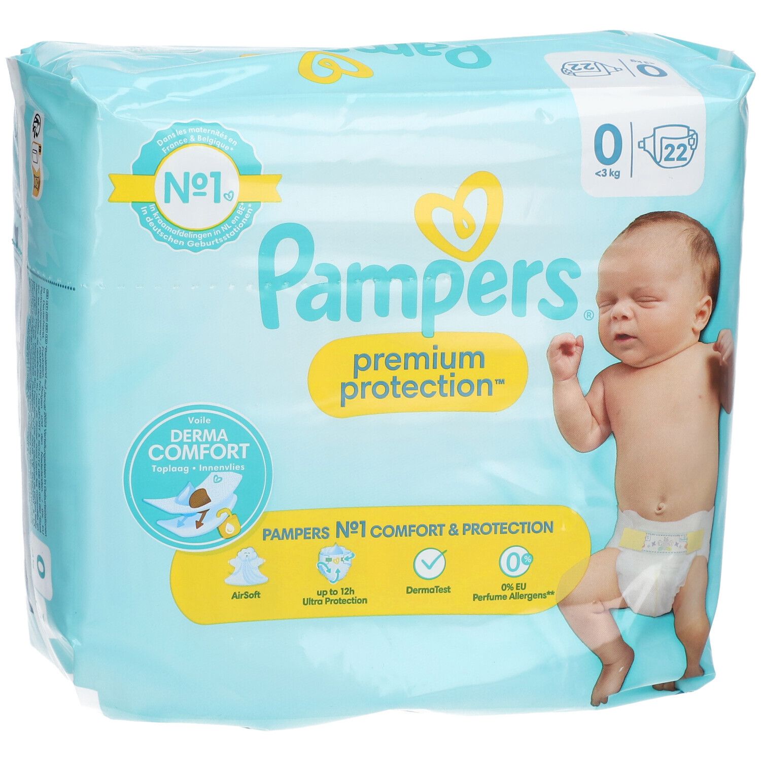 Paquet de couches Pampers® Premium Protection. Taille 0, jusqu'à 3 kg, 22 unités. Avec Derma Comfort.