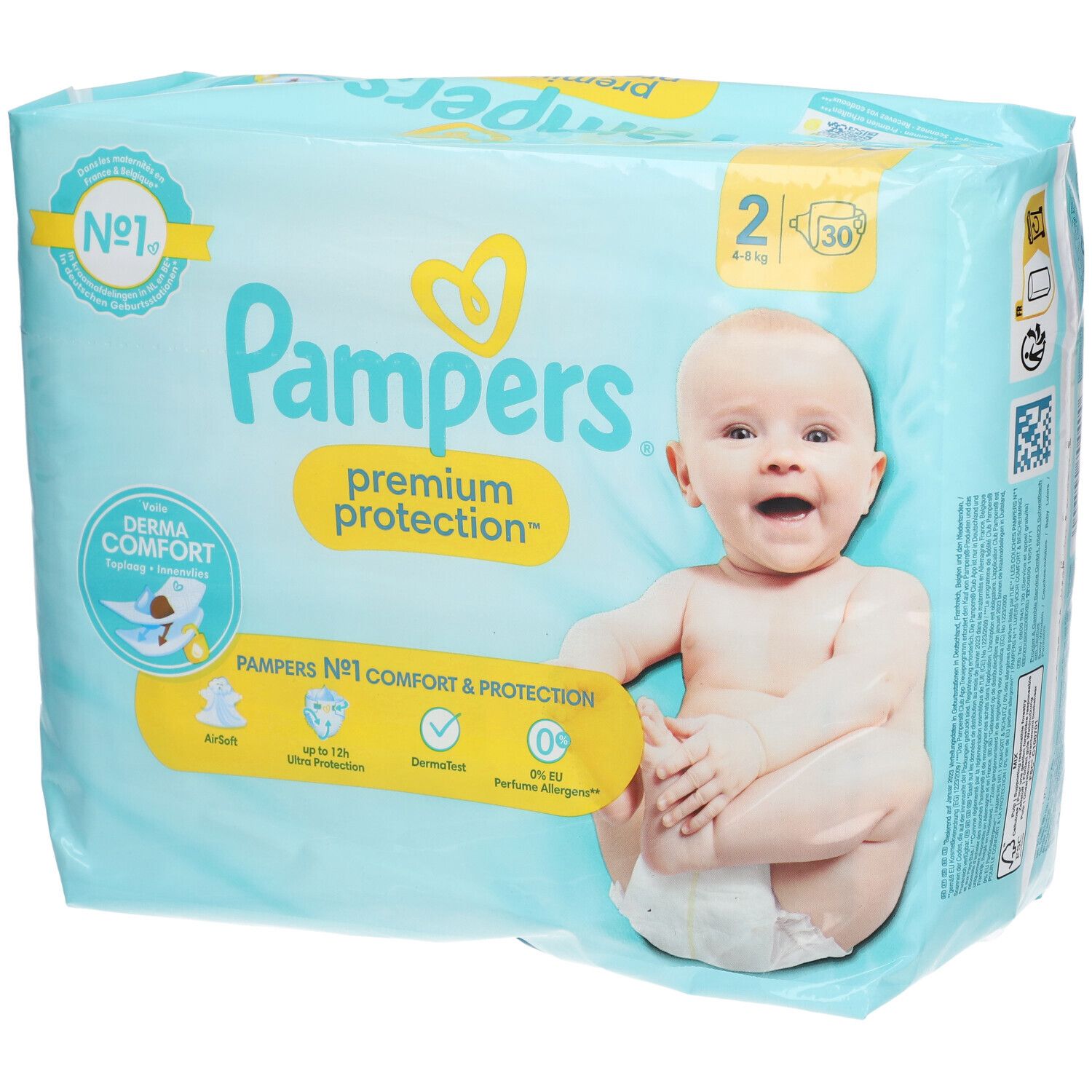 Pampers Premium Schutzwindel, Größe 2, Verpackung mit Baby. Aufschrift: Nr. 1, Derma Comfort, 4-8 kg.