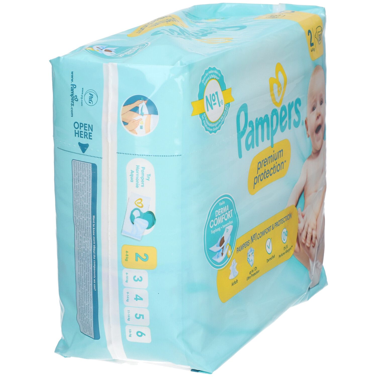 Pampers Premium Schutzwindel, Größe 2, Verpackung. Aufschrift: Nr. 1, Derma Comfort, 4-8 kg. Seitenansicht.