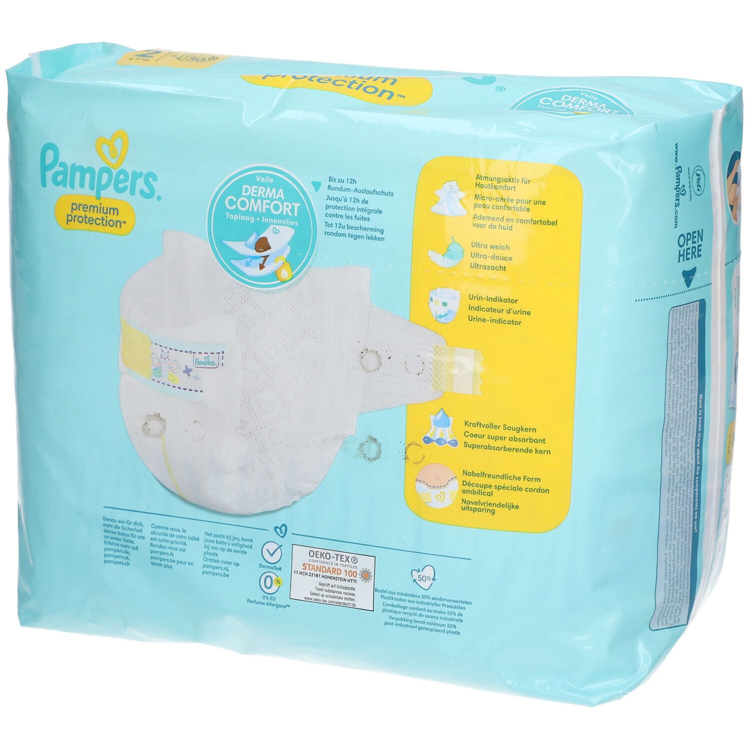 Pampers Premium Schutzwindel, Größe 2, Verpackung. Aufschrift: Derma Comfort, 4-8 kg. Rückseite mit Produktinformationen.