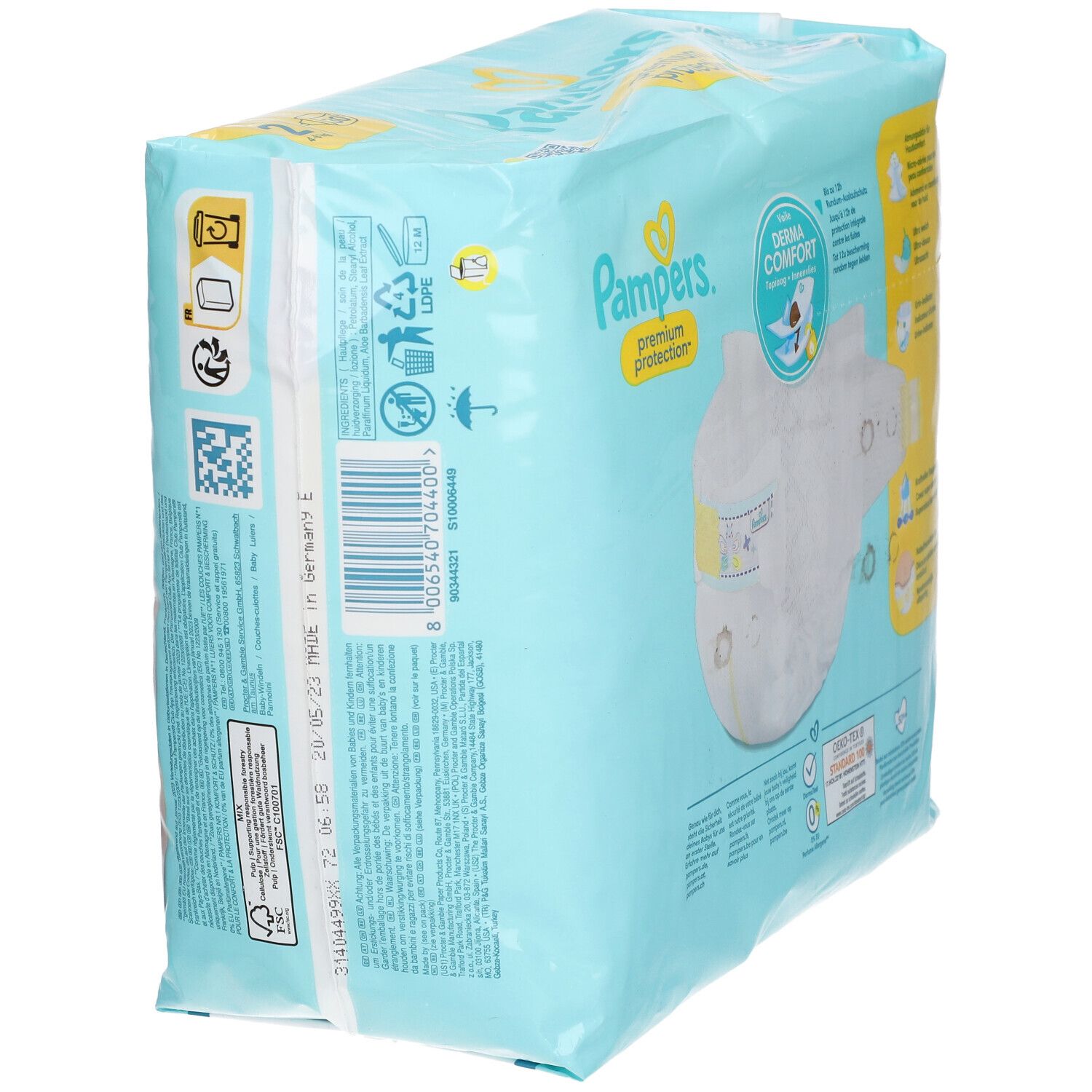 Pampers Premium Schutzwindel, Größe 2, Verpackung. Aufschrift: Derma Comfort, 4-8 kg. Seitenansicht mit Barcode.
