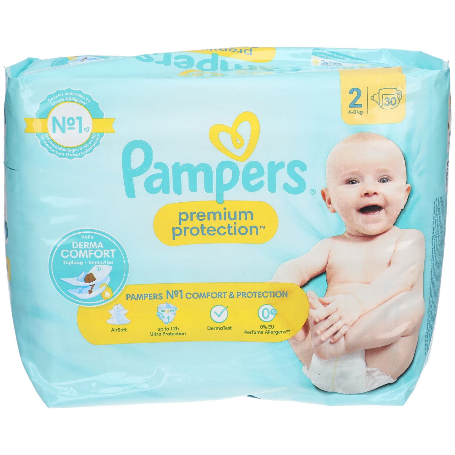 Pampers Premium Schutzwindel, Größe 2, Verpackung mit Baby. Aufschrift: Nr. 1, Derma Comfort, 4-8 kg.