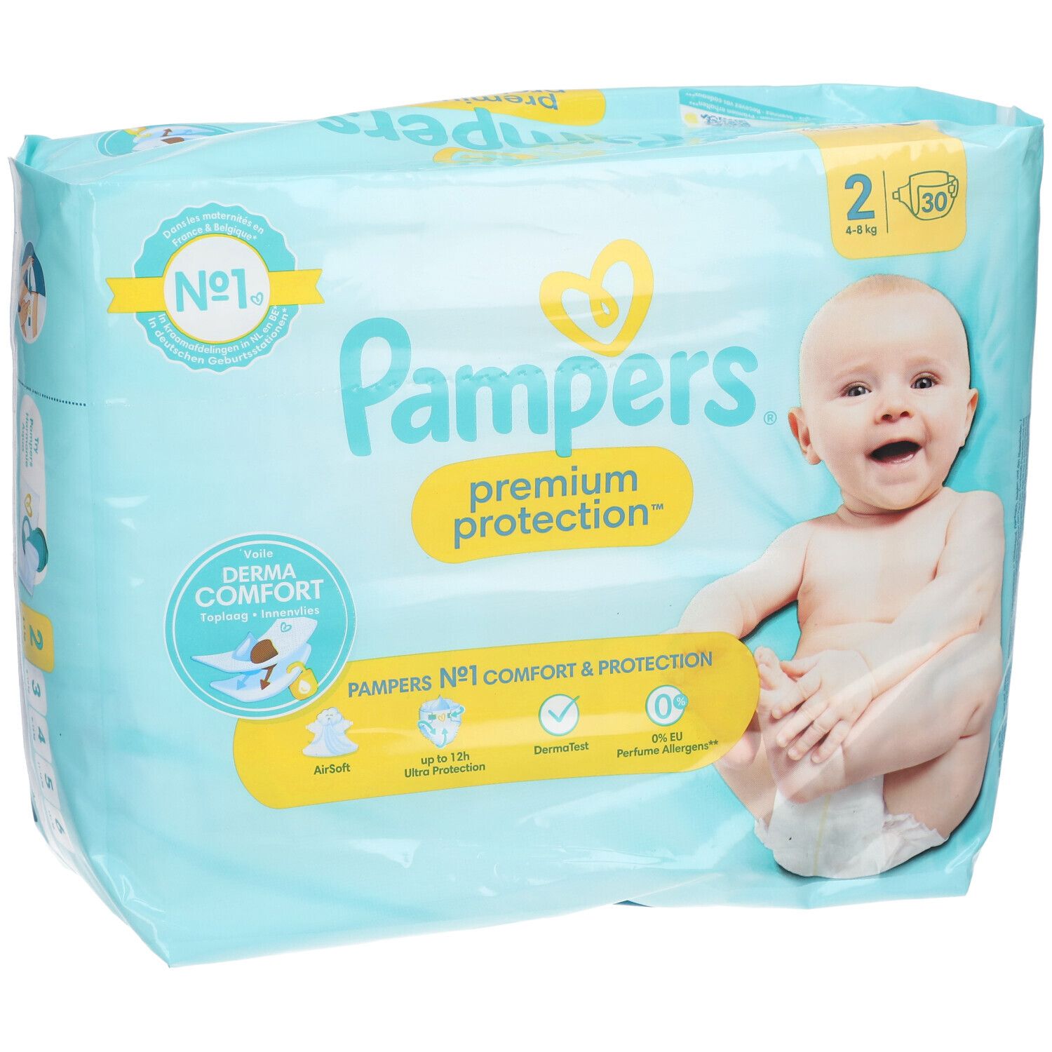 Pampers Premium Schutzwindel, Größe 2, Verpackung mit Baby. Aufschrift: Nr. 1, Derma Comfort, 4-8 kg.