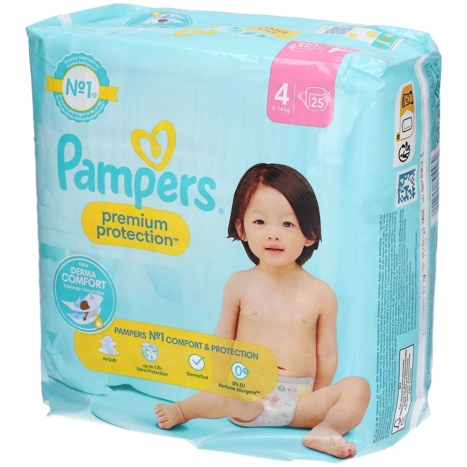 Pampers Premium Protection Windeln, Größe 4, Packung mit 25 Stück. Baby sitzt vor der Packung.