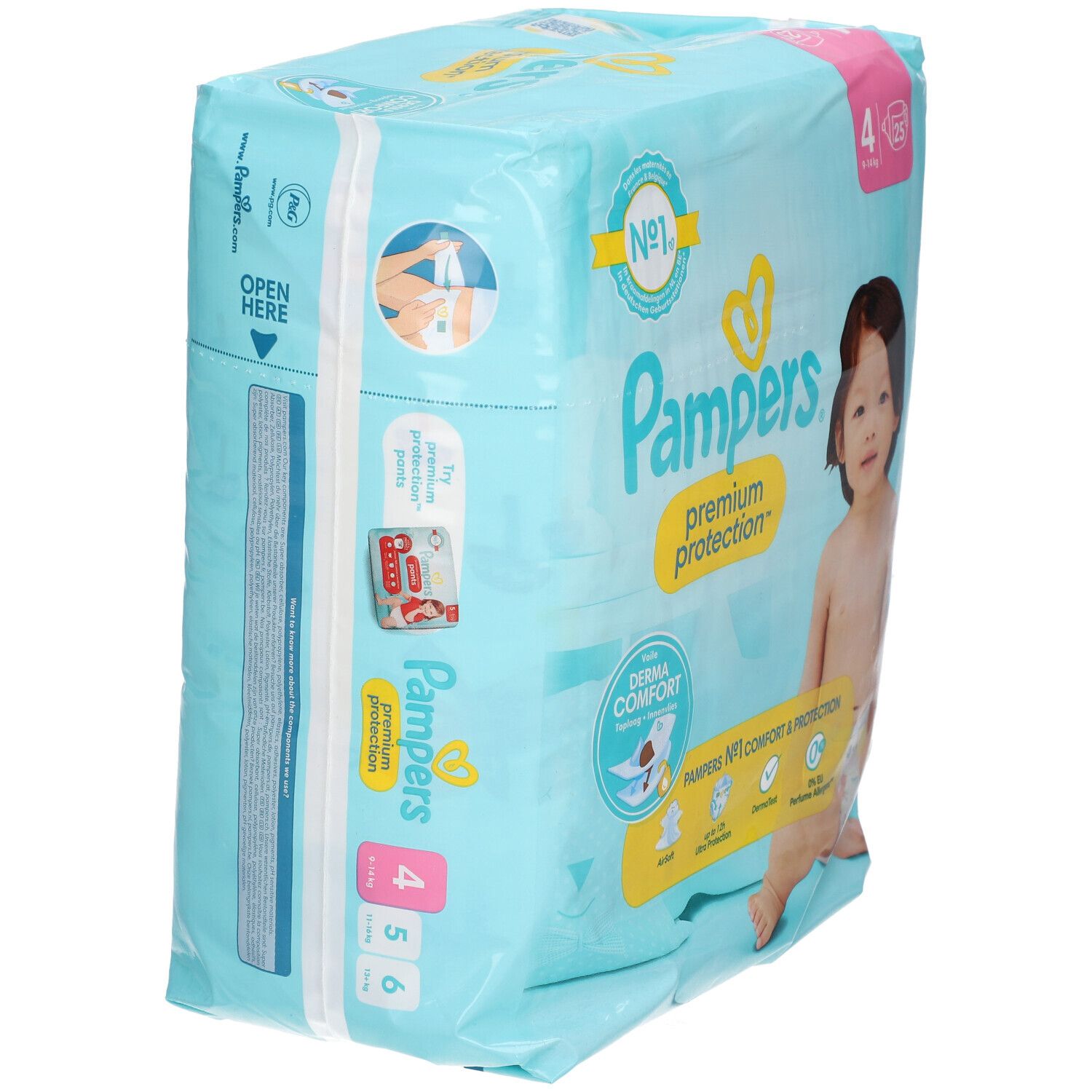 Pampers Premium Protection Windelpackung, Größe 4. Seitenansicht mit Baby. Verpackung mit Aufdruck.