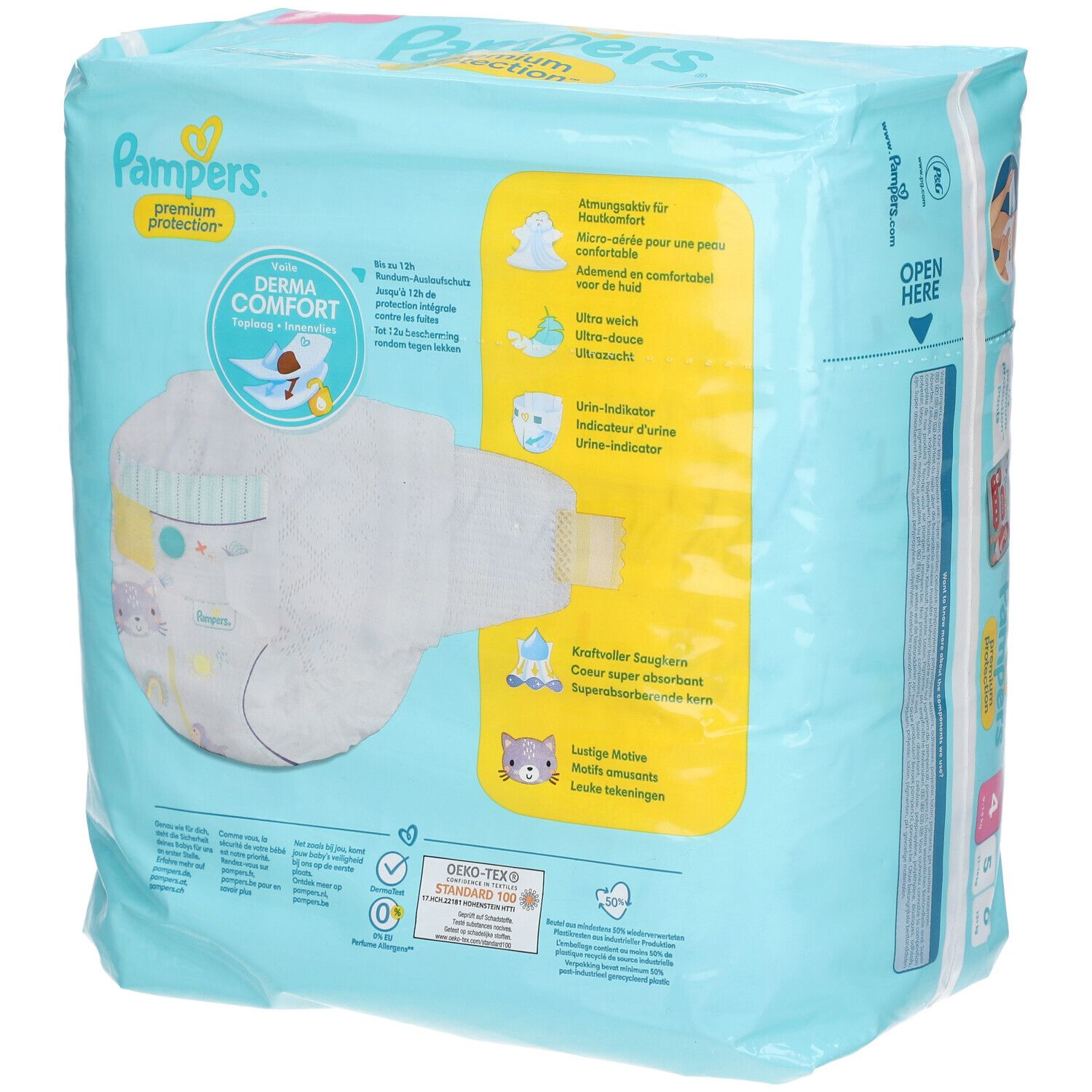Pampers Premium Protection Windelpackung, Rückseite. Produktmerkmale und Zertifizierung.
