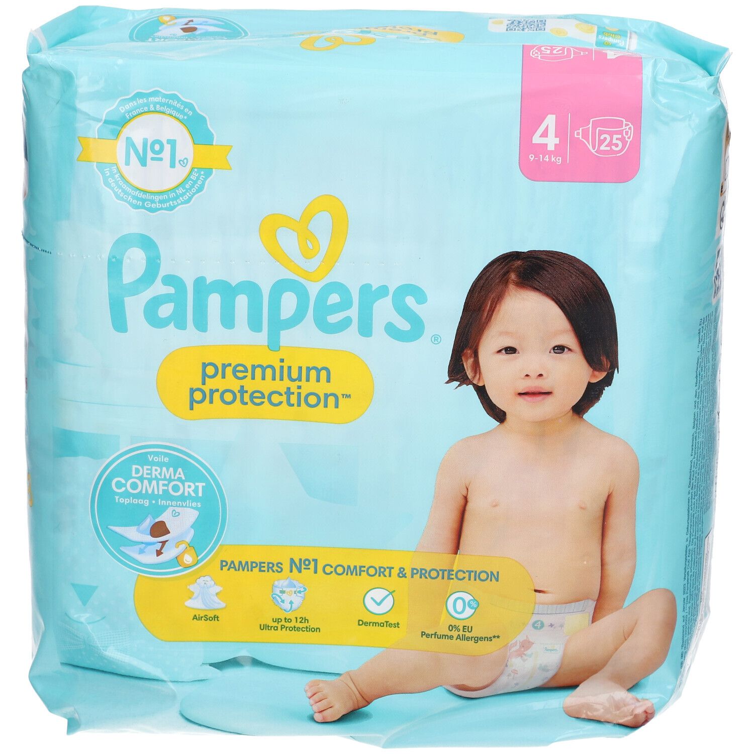 Pampers Premium Protection Windeln, Größe 4, Packung mit 25 Stück. Baby sitzt vor der Packung.
