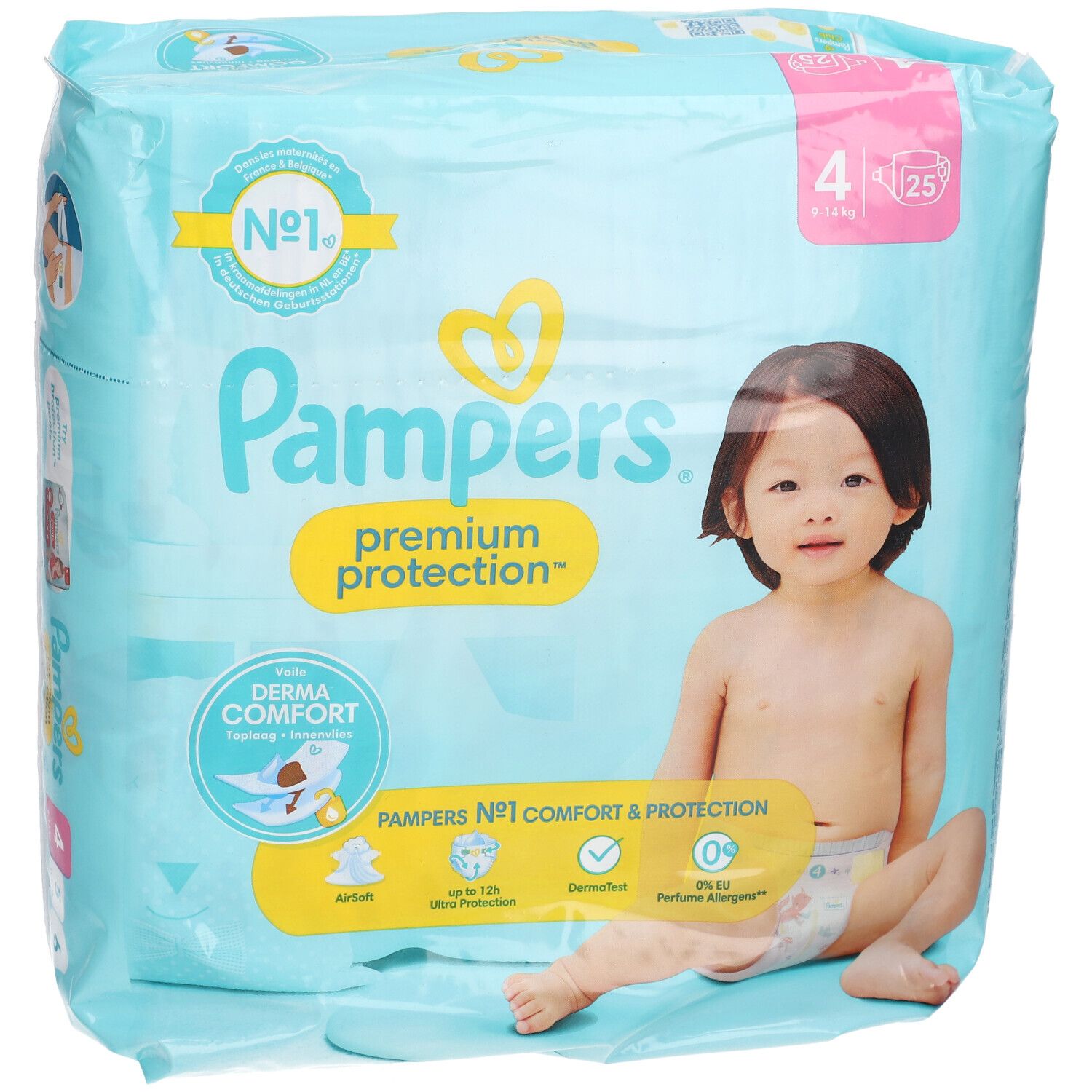 Pampers Premium Protection Windeln, Größe 4, Packung mit 25 Stück. Baby sitzt vor der Packung.