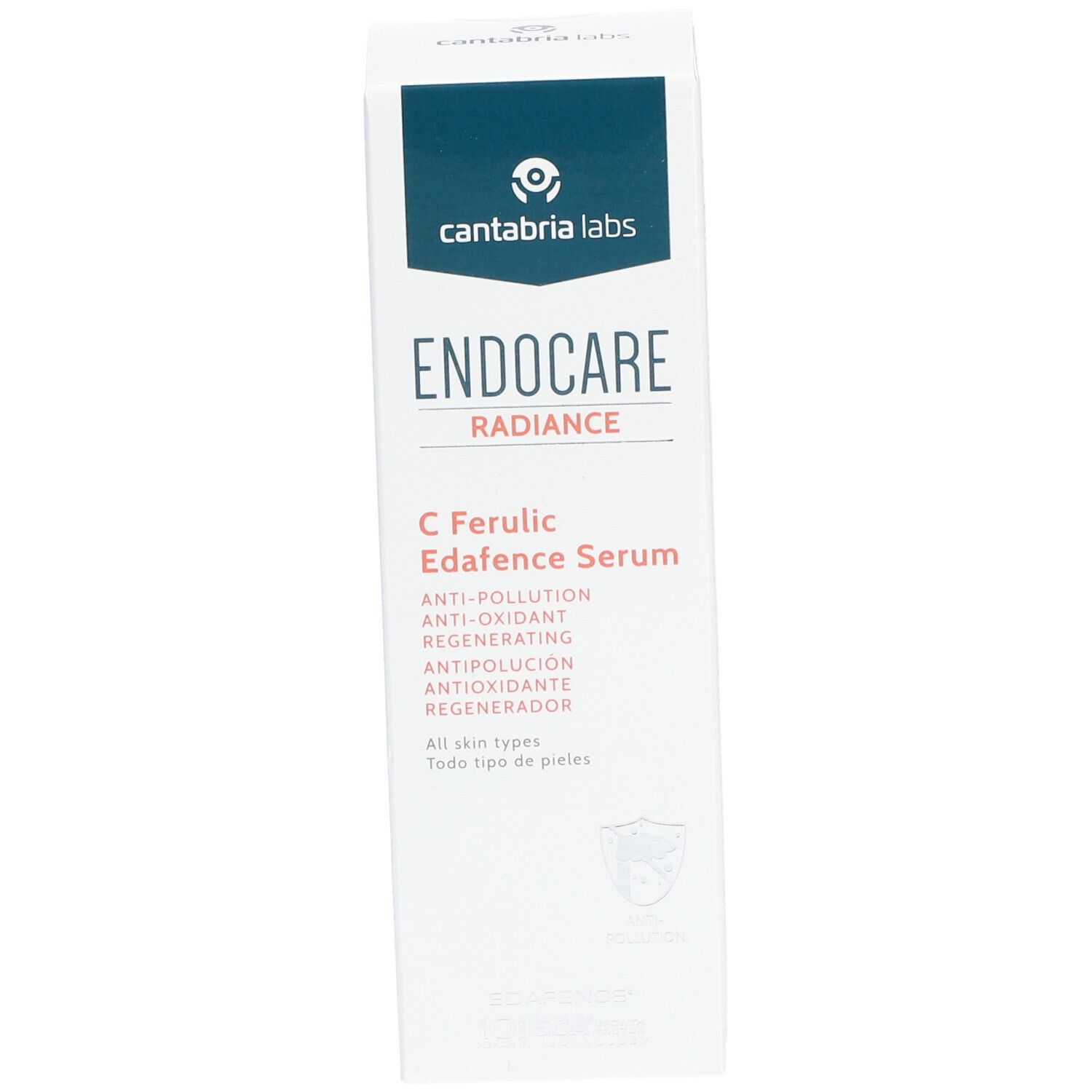 Emballage avec nom et logo du produit. Texte : C Ferulic Edafence Serum. Anti-pollution, anti-oxydant, régénérant. Tous types de peau.