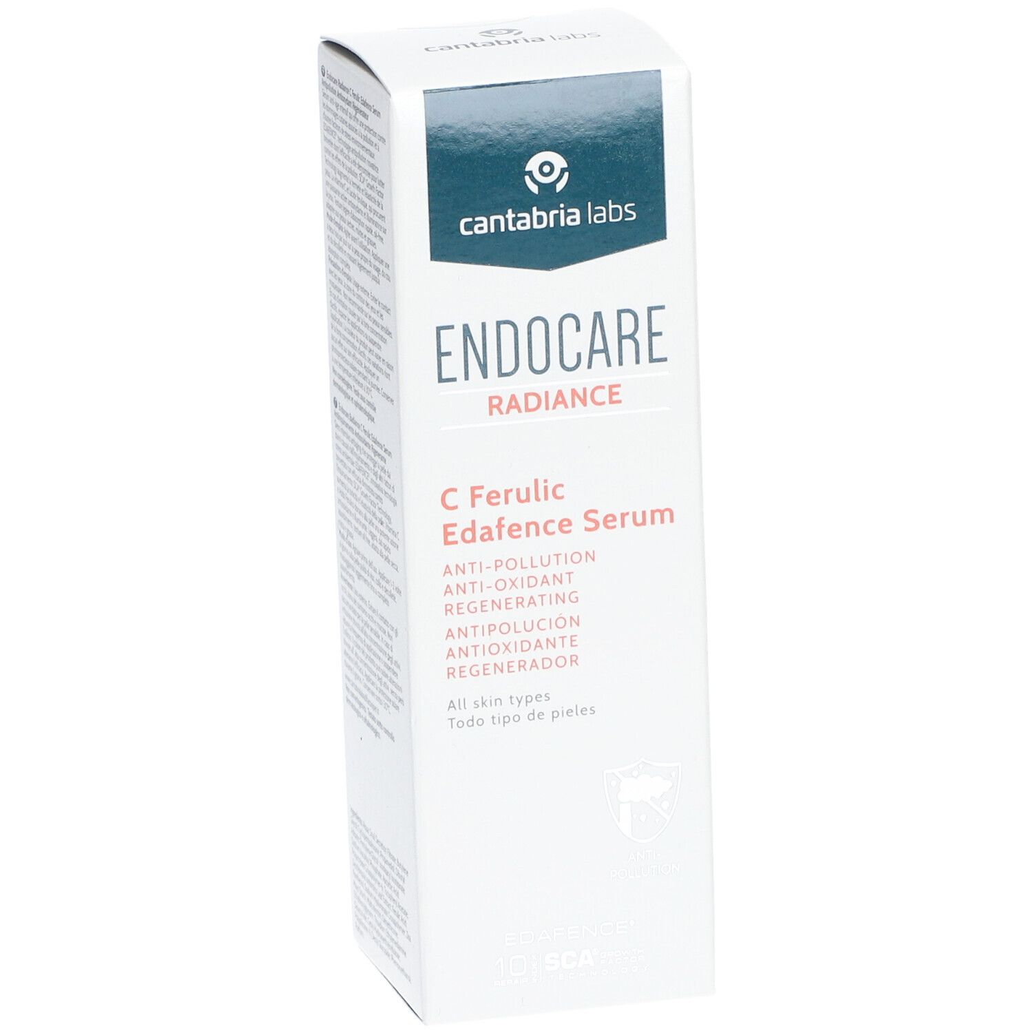 Emballage avec nom et logo du produit. Texte : C Ferulic Edafence Serum. Anti-pollution, anti-oxydant, régénérant. Tous types de peau.