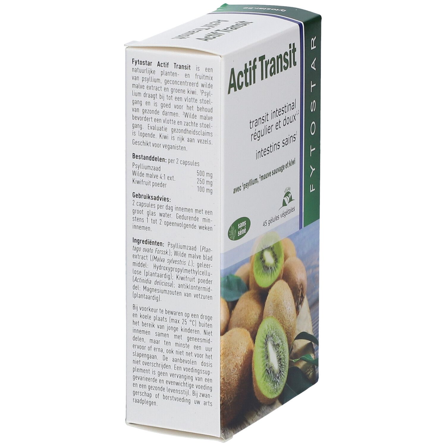 Karton 'Actif Transit'. Enthält 45 Kapseln. Mit Psyllium, Malve und Kiwi. Abbildung von Kiwis.