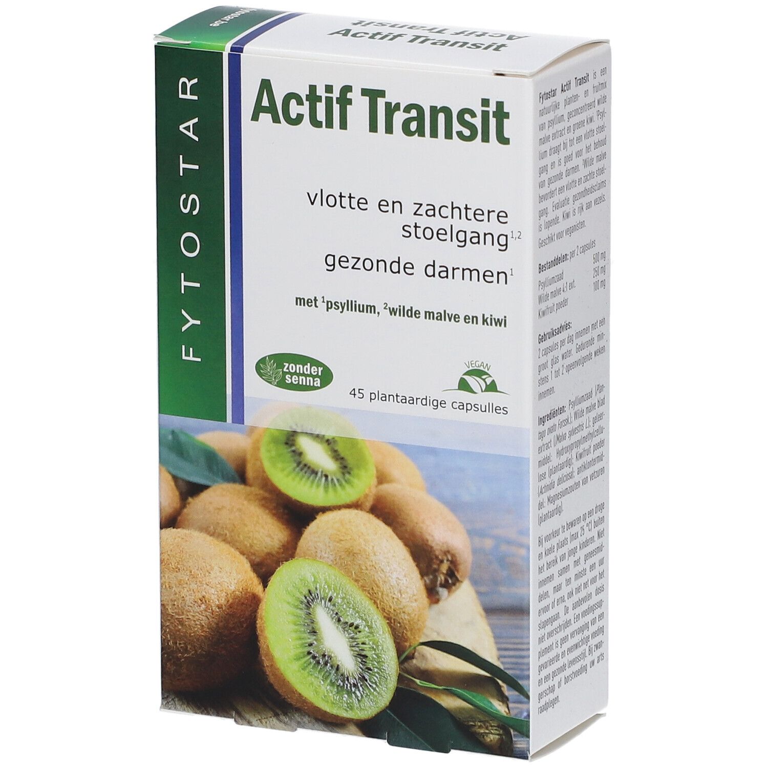 Karton 'Actif Transit' mit 45 pflanzlichen Kapseln. Mit Psyllium, Malve und Kiwi. Abbildung von Kiwis.