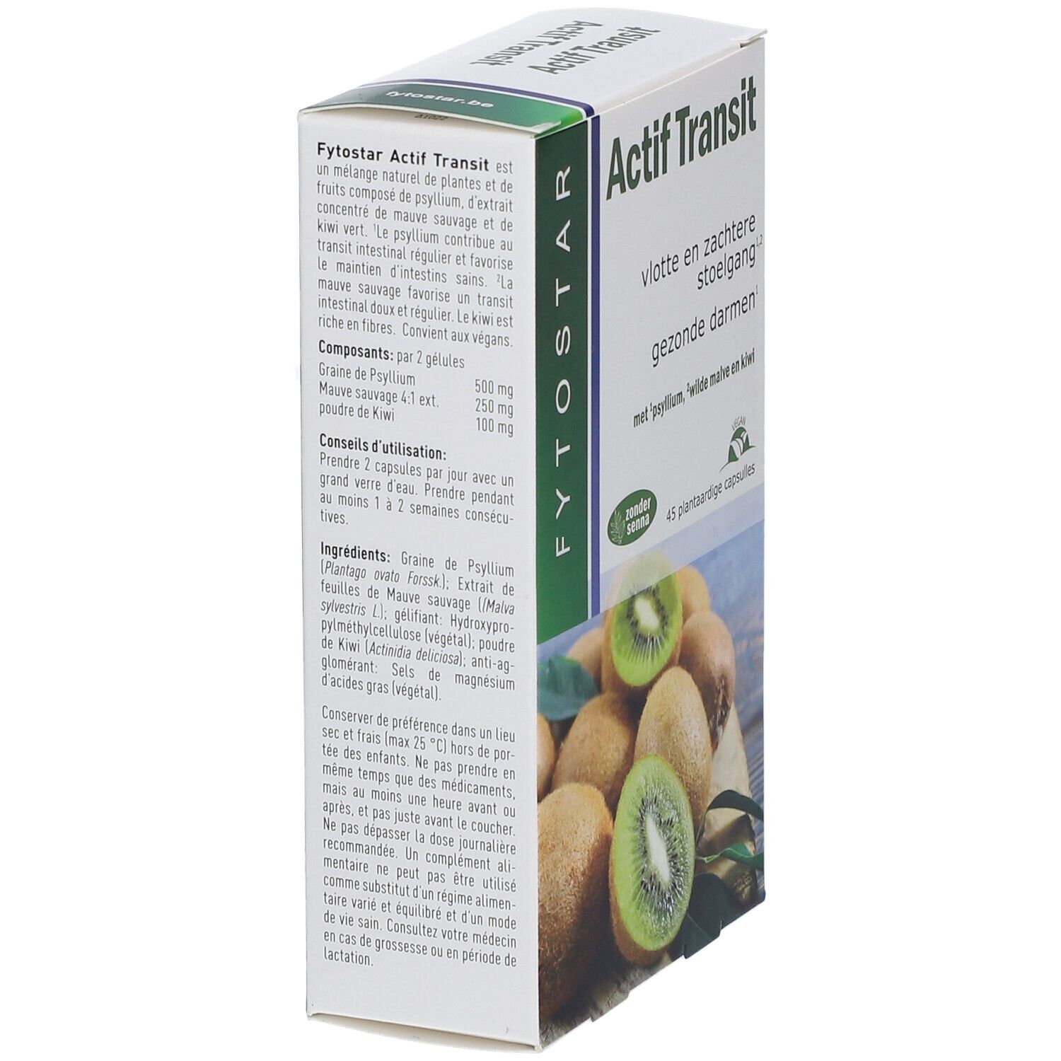 Karton 'Actif Transit' mit 45 Kapseln. Mit Psyllium, Malve und Kiwi. Abbildung von Kiwis.