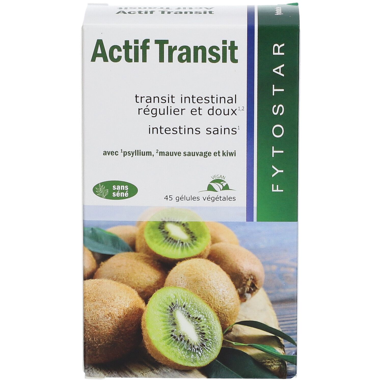 Karton 'Actif Transit' mit 45 Kapseln. Mit Psyllium, Malve und Kiwi. Abbildung von Kiwis.