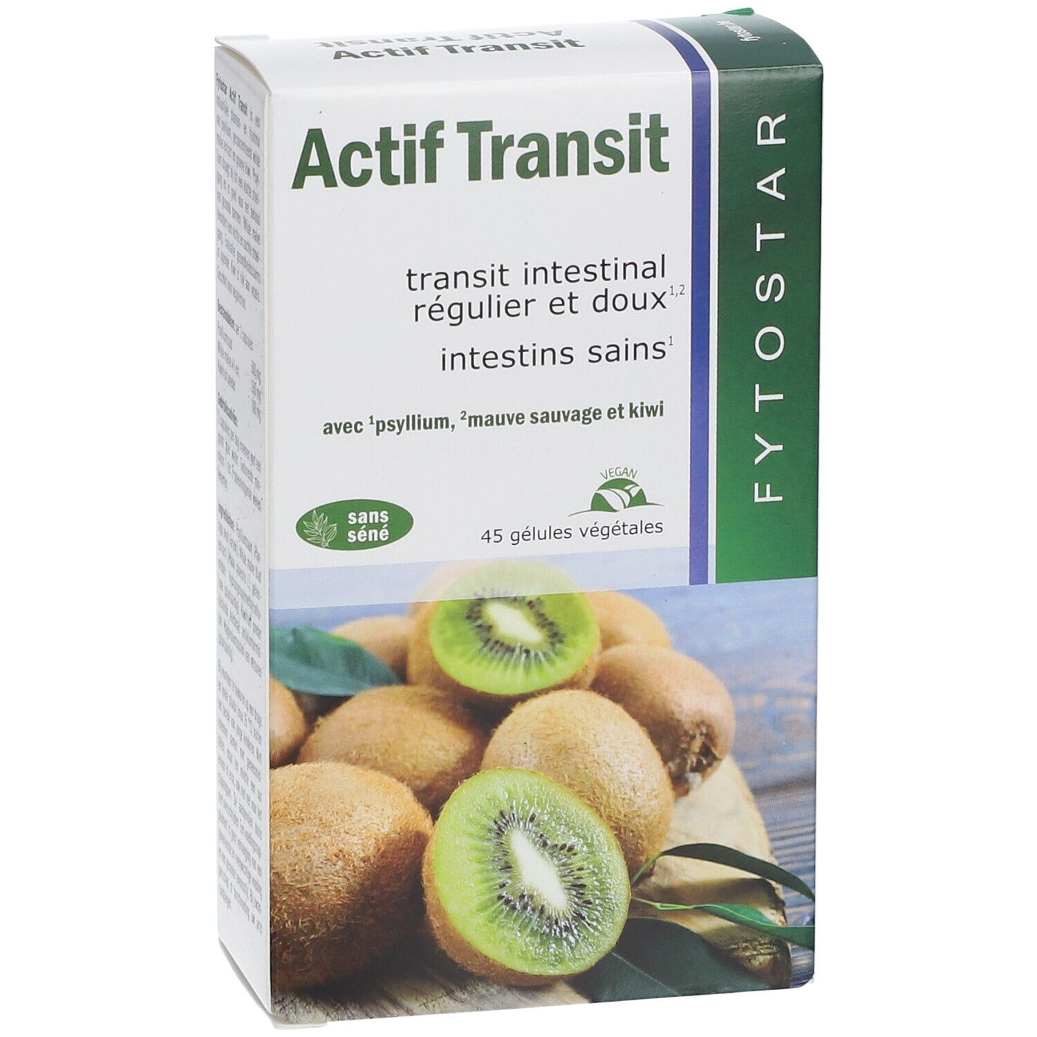Karton 'Actif Transit' mit 45 pflanzlichen Kapseln. Mit Psyllium, Malve und Kiwi. Abbildung von Kiwis.