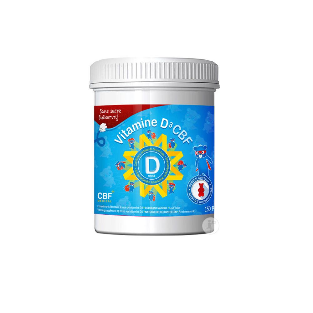 Witte pot met blauw etiket. Opschrift: Vitamine D3 CBF, Sans sucre. Afbeelding van een beer.