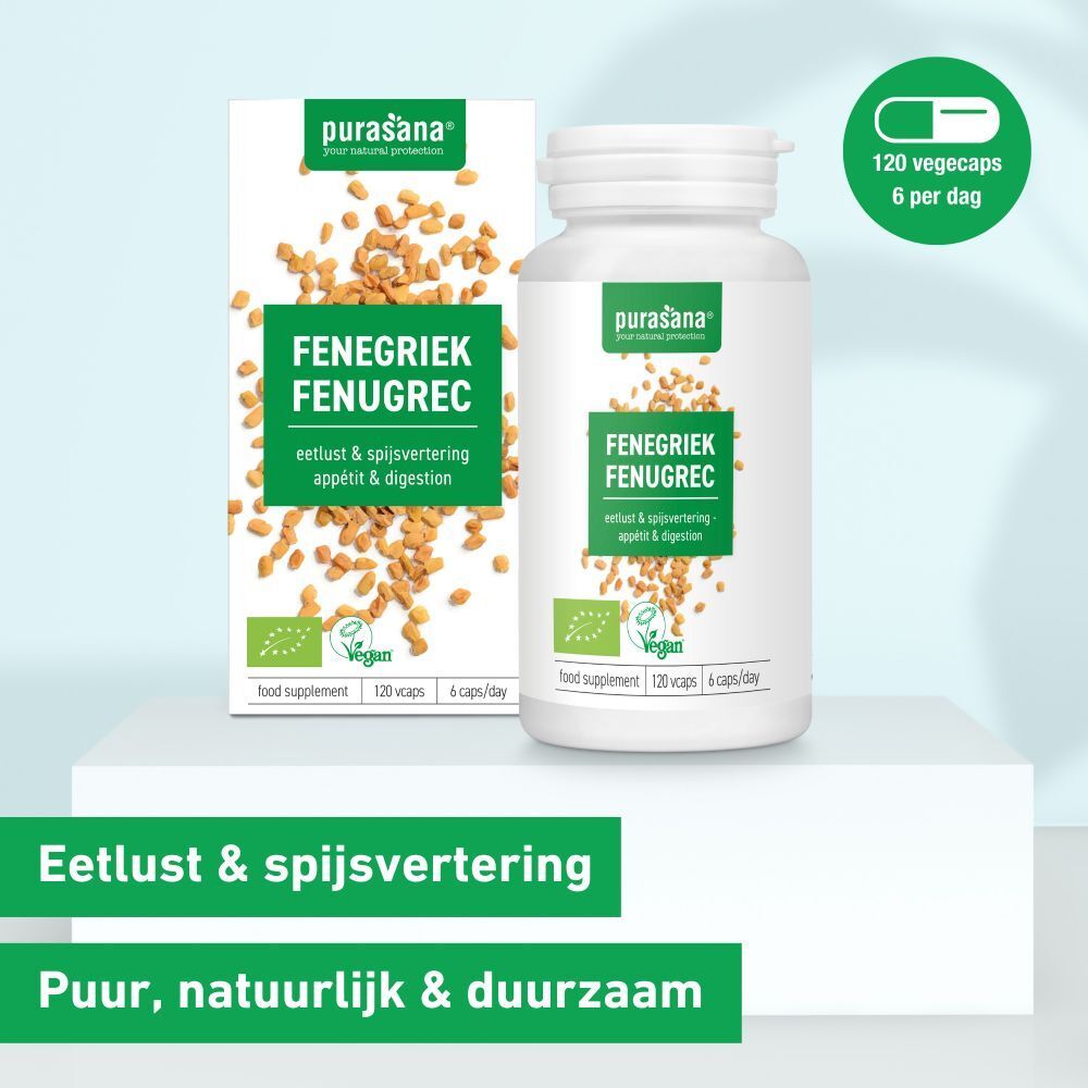 Productverpakking met fles en doos. Opschrift: FENUGRIEK, 120 capsules. Purasana logo. Eetlust & spijsvertering.