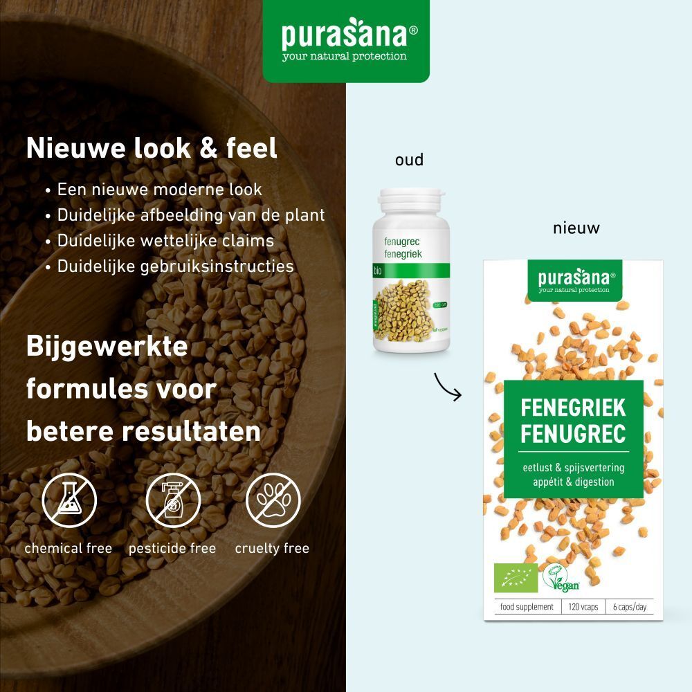 Vergelijking oude en nieuwe verpakking. Fles en doos. Opschrift: FENUGRIEK. Purasana logo. Nieuwe look.