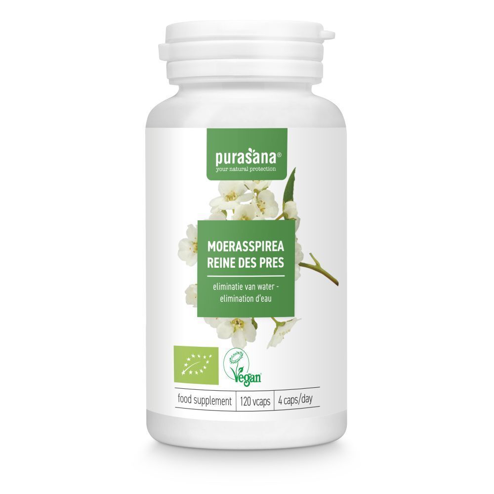 Witte fles met etiket. Productnaam: Moerasspirea Reine des Prés. Vegan label. 120 capsules, 4 per dag.