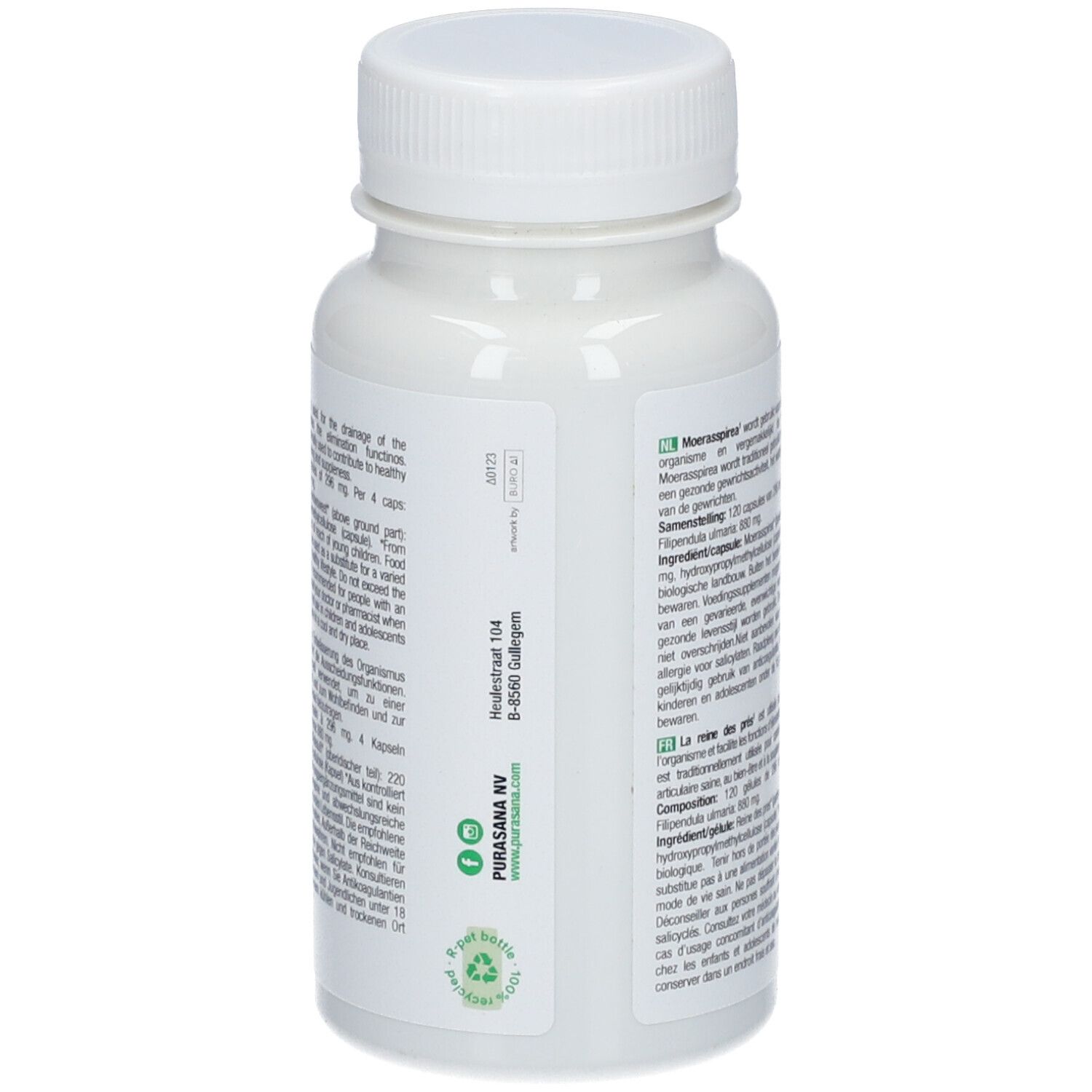 Weiße Flasche mit Produktinformationen. Text in Deutsch und Französisch. Enthält Informationen zu Inhaltsstoffen und Dosierung.