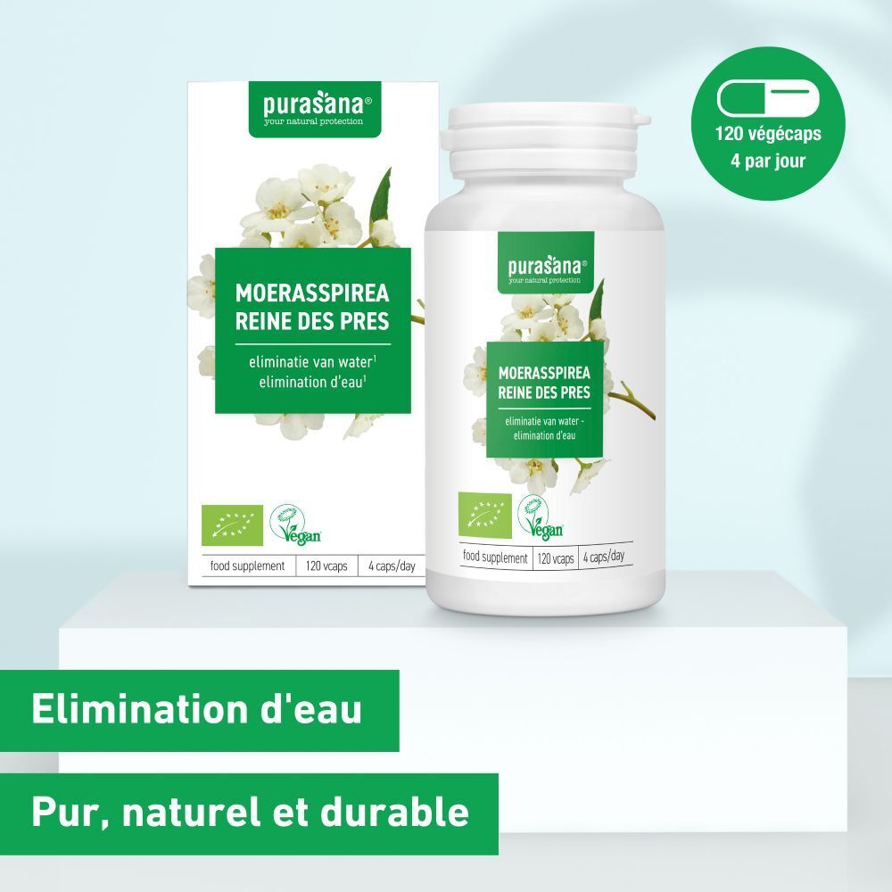 Emballage et flacon du produit. Nom du produit: Moerasspirea Reine des Prés. Label vegan. 120 gélules, 4 par jour.