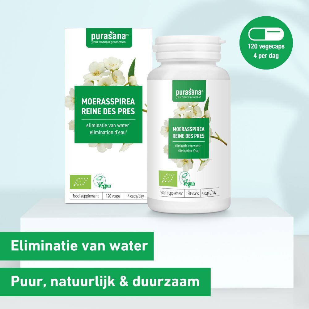 Productverpakking en fles. Productnaam: Moerasspirea Reine des Prés. Vegan label. 120 capsules, 4 per dag.