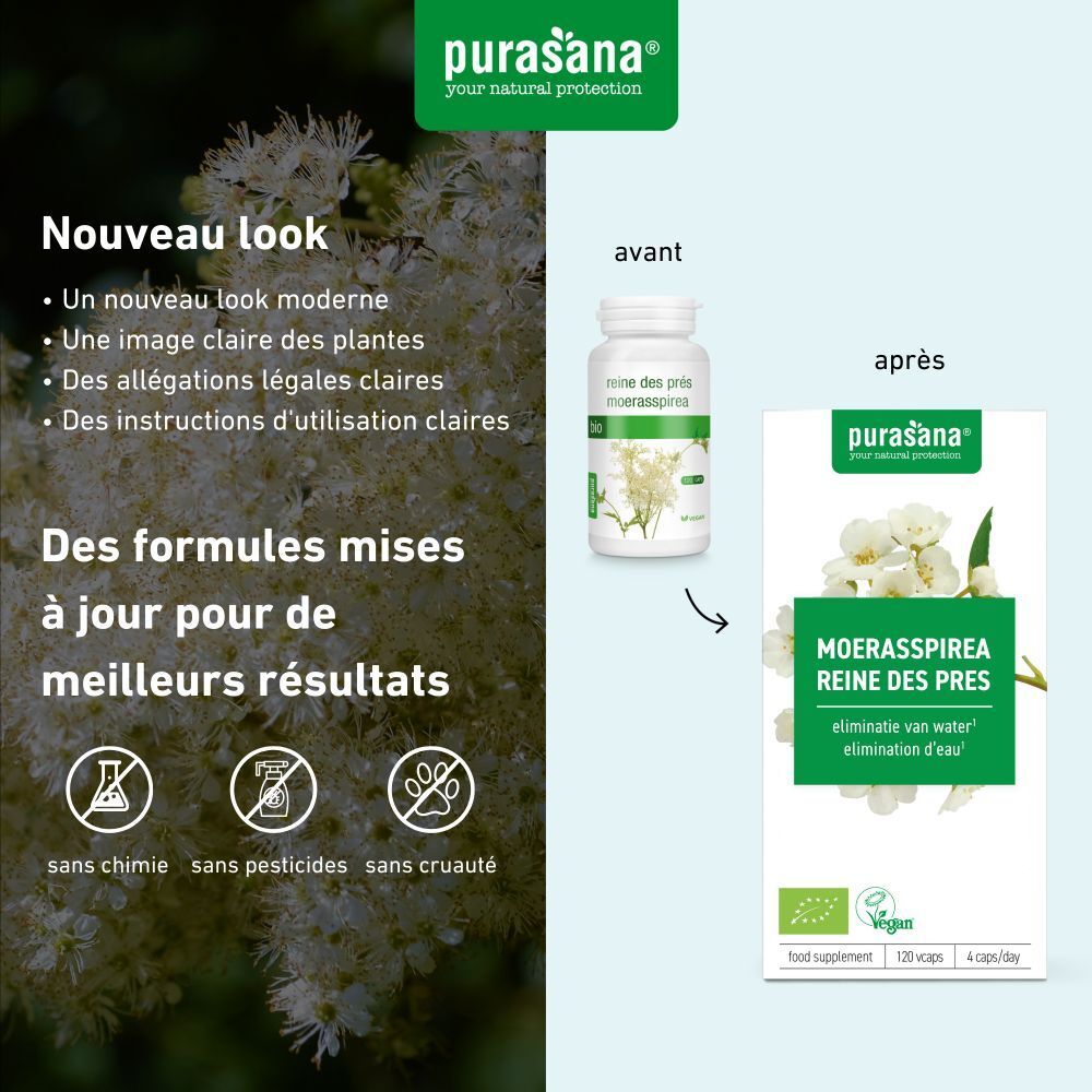 Emballage et flacon du produit. Nom: Moerasspirea Reine des Prés. Label vegan. 120 gélules, 4 par jour. Vert.