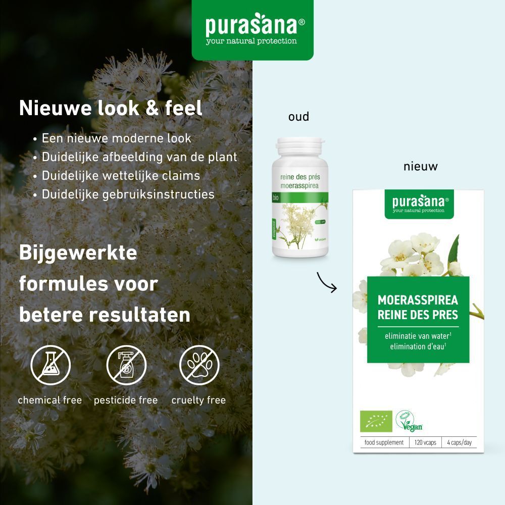Productverpakking en fles. Naam: Moerasspirea Reine des Prés. Vegan label. 120 capsules, 4 per dag. Groen.