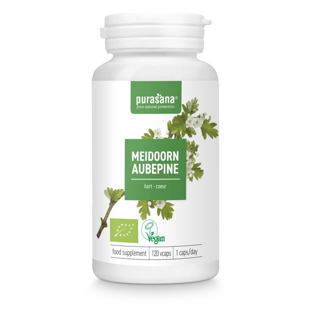 Witte fles, groen etiket. Opschrift: Meidoorn Aubepine. Vegan-keurmerk. 120 capsules.