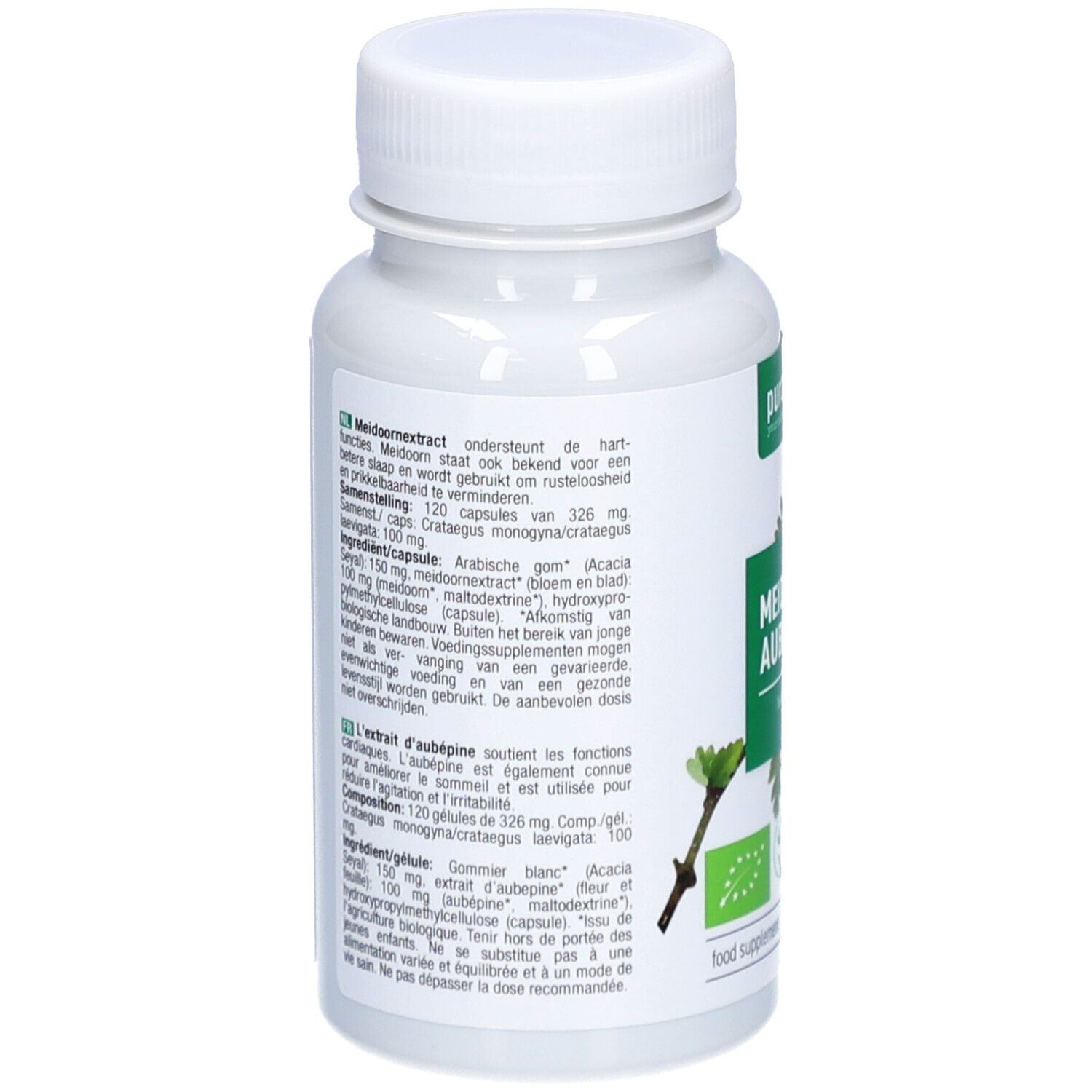 Achterkant fles. Meertalige tekst. Ingrediëntenlijst. Vegan-keurmerk. Bio-keurmerk.