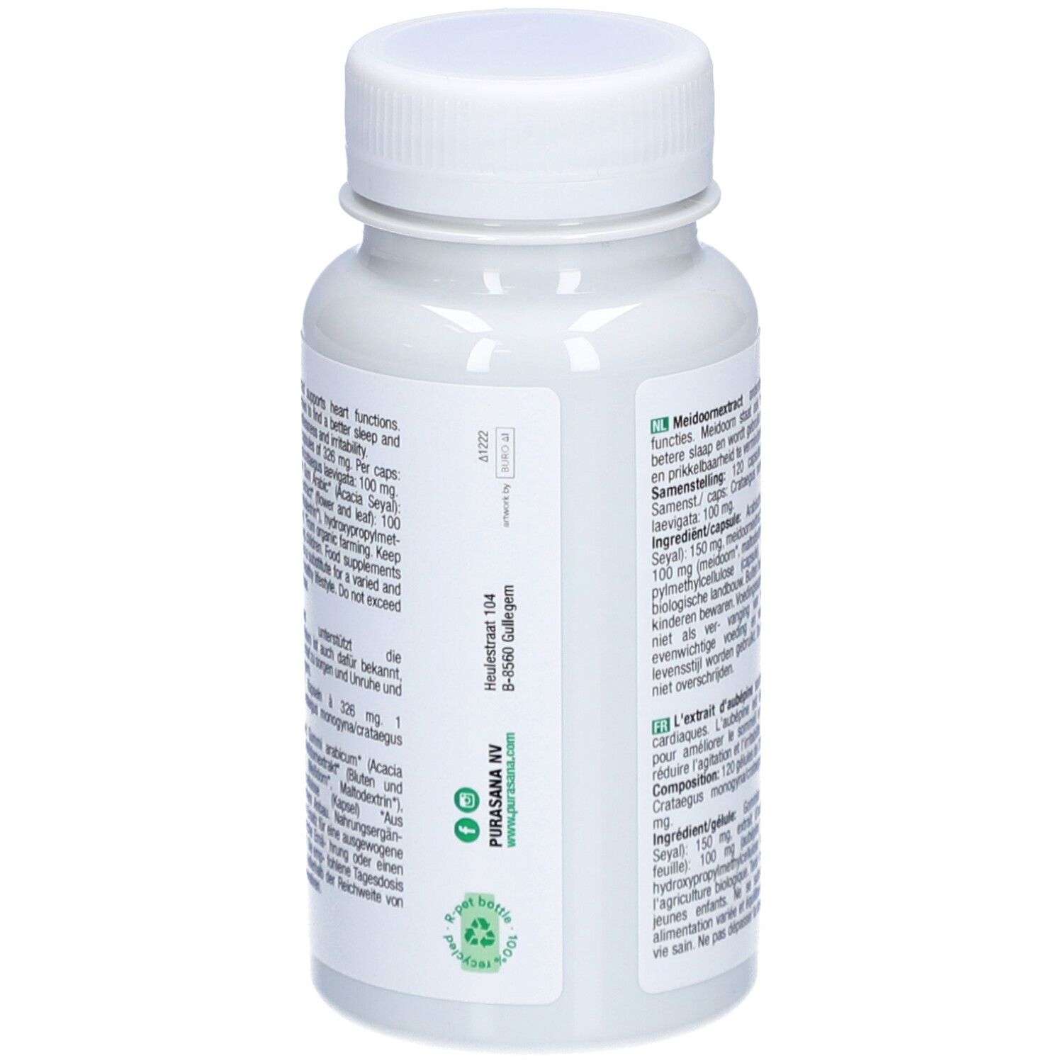 Achterkant fles. Meertalige tekst. Ingrediëntenlijst. Bio-keurmerk. Vegan-keurmerk.