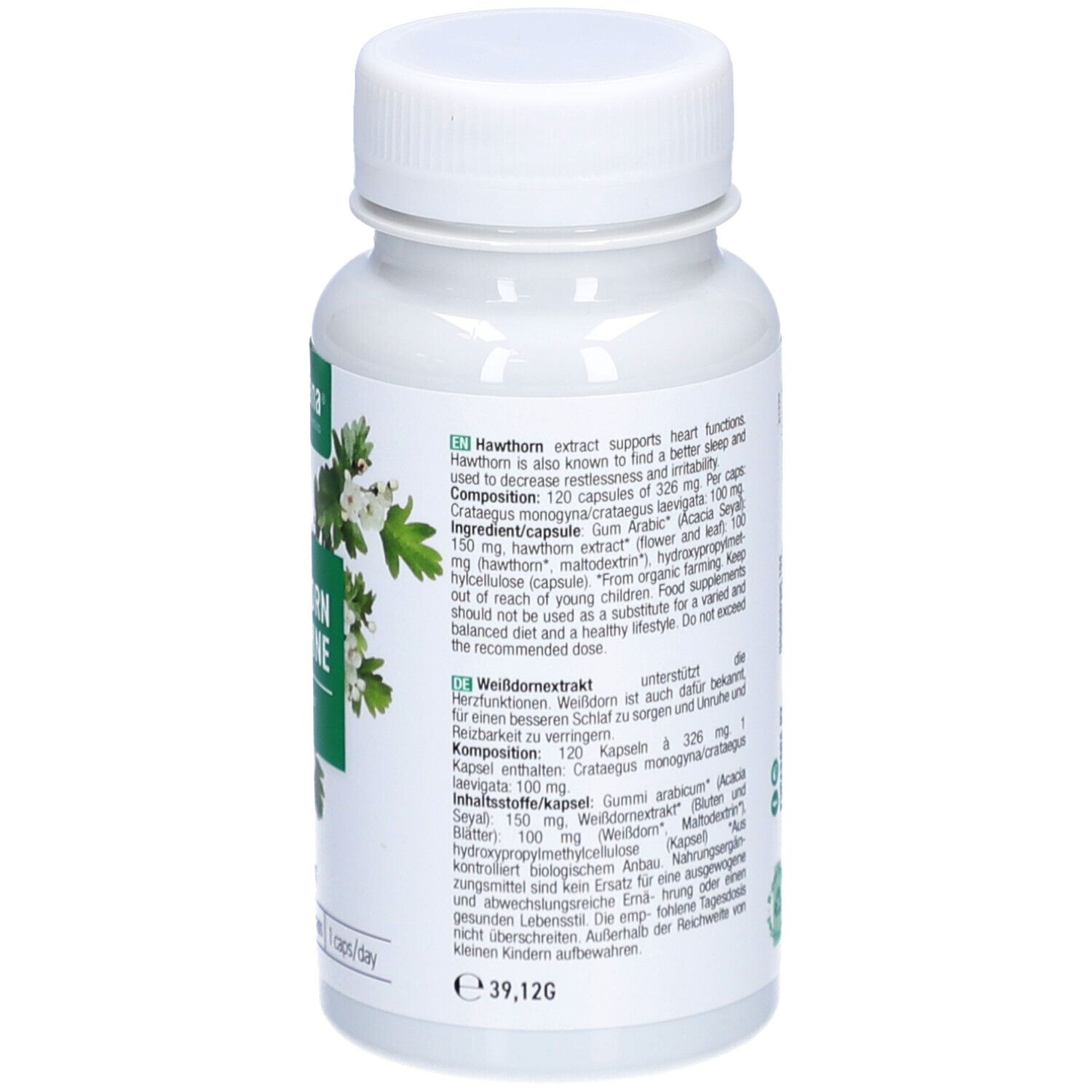 Achterkant fles. Meertalige tekst. Ingrediëntenlijst. Vegan-keurmerk. Bio-keurmerk.