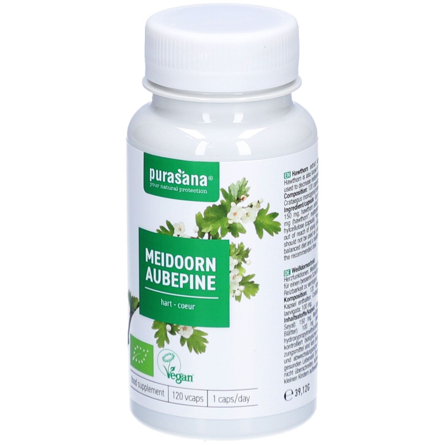 Witte fles, groen etiket. Opschrift: Meidoorn Aubepine. Vegan-keurmerk. 120 capsules.