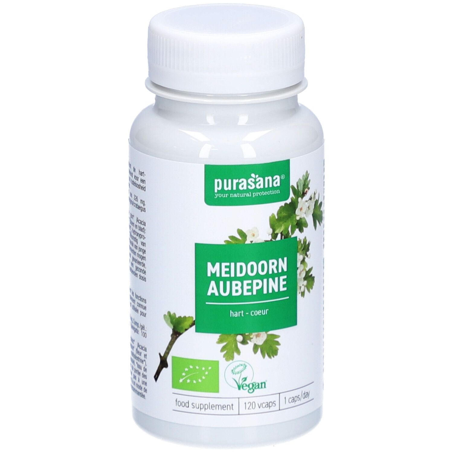 Witte fles, groen etiket. Opschrift: Meidoorn Aubepine. Vegan-keurmerk. 120 capsules.