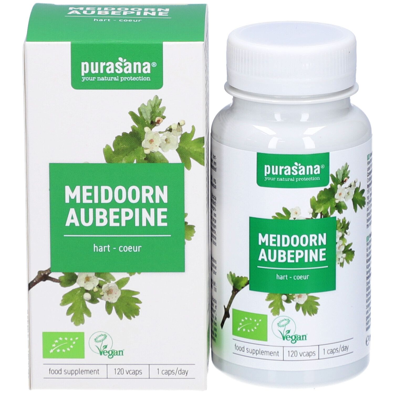 Productverpakking met fles. Groene verpakking met opschrift: Meidoorn Aubepine. Vegan-keurmerk.