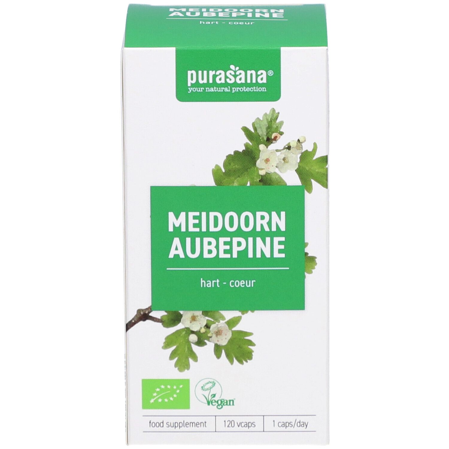 Groene productverpakking. Opschrift: Meidoorn Aubepine. Vegan-keurmerk. 120 capsules.