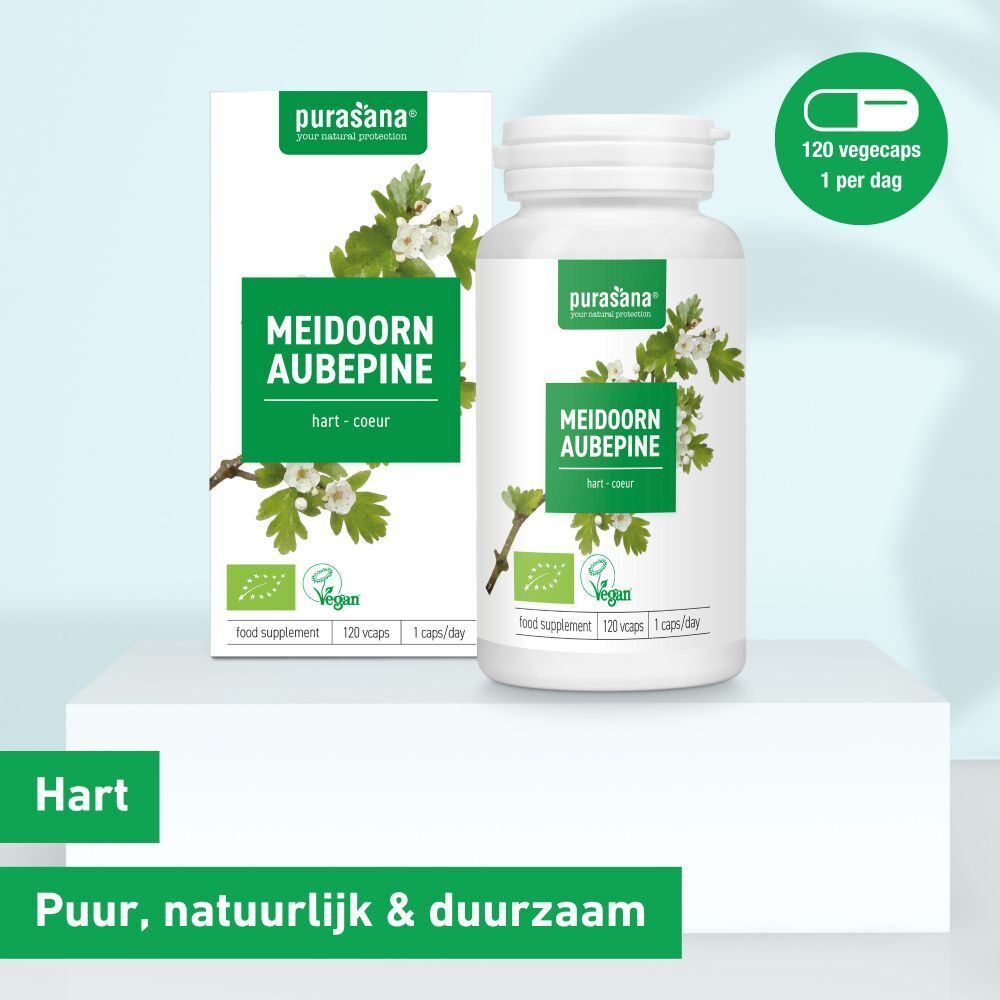 Witte fles, groen etiket. Opschrift: Meidoorn Aubepine. Vegan-keurmerk. 120 capsules.