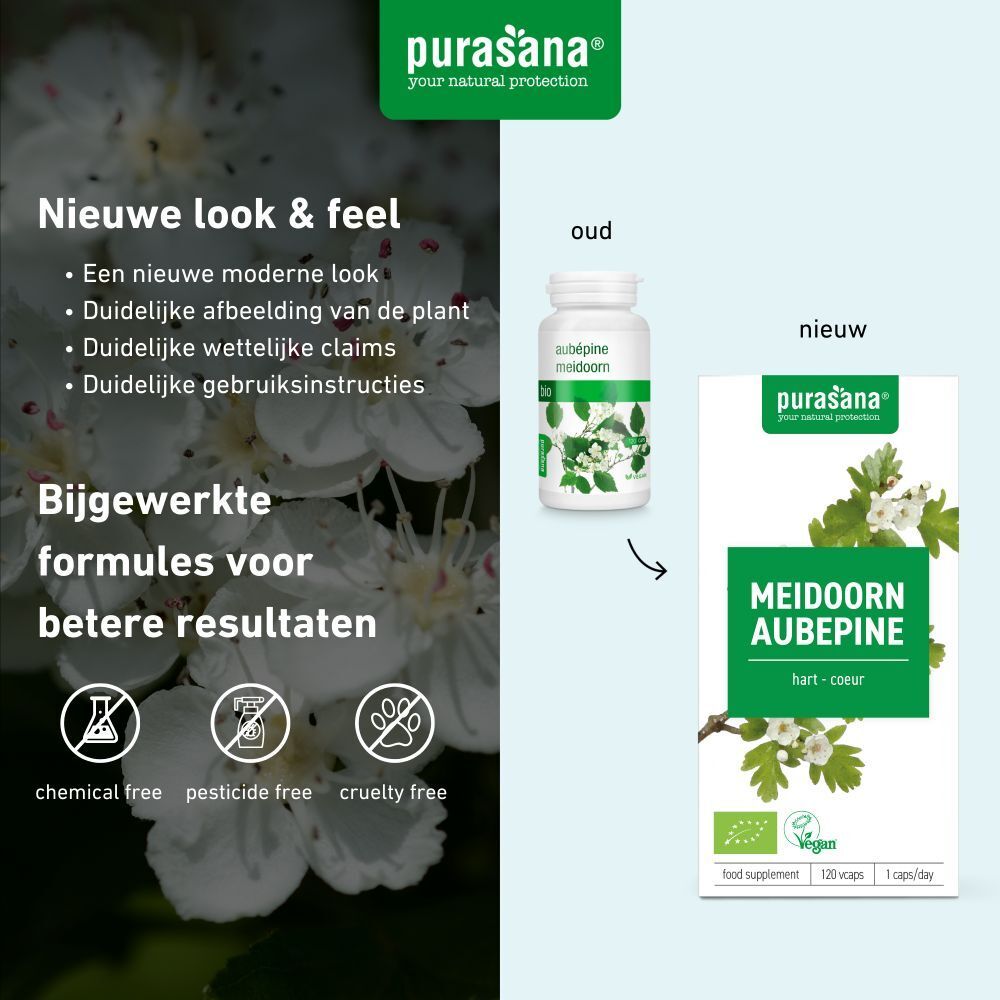 Productverpakking. Groene verpakking met opschrift: Meidoorn Aubepine. Vegan-keurmerk. 120 capsules.