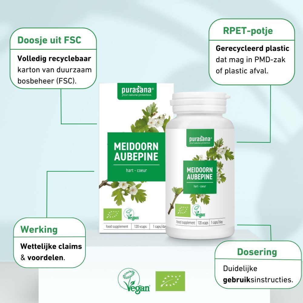 Productverpakking met fles. Groene verpakking met opschrift: Meidoorn Aubepine. Vegan-keurmerk.